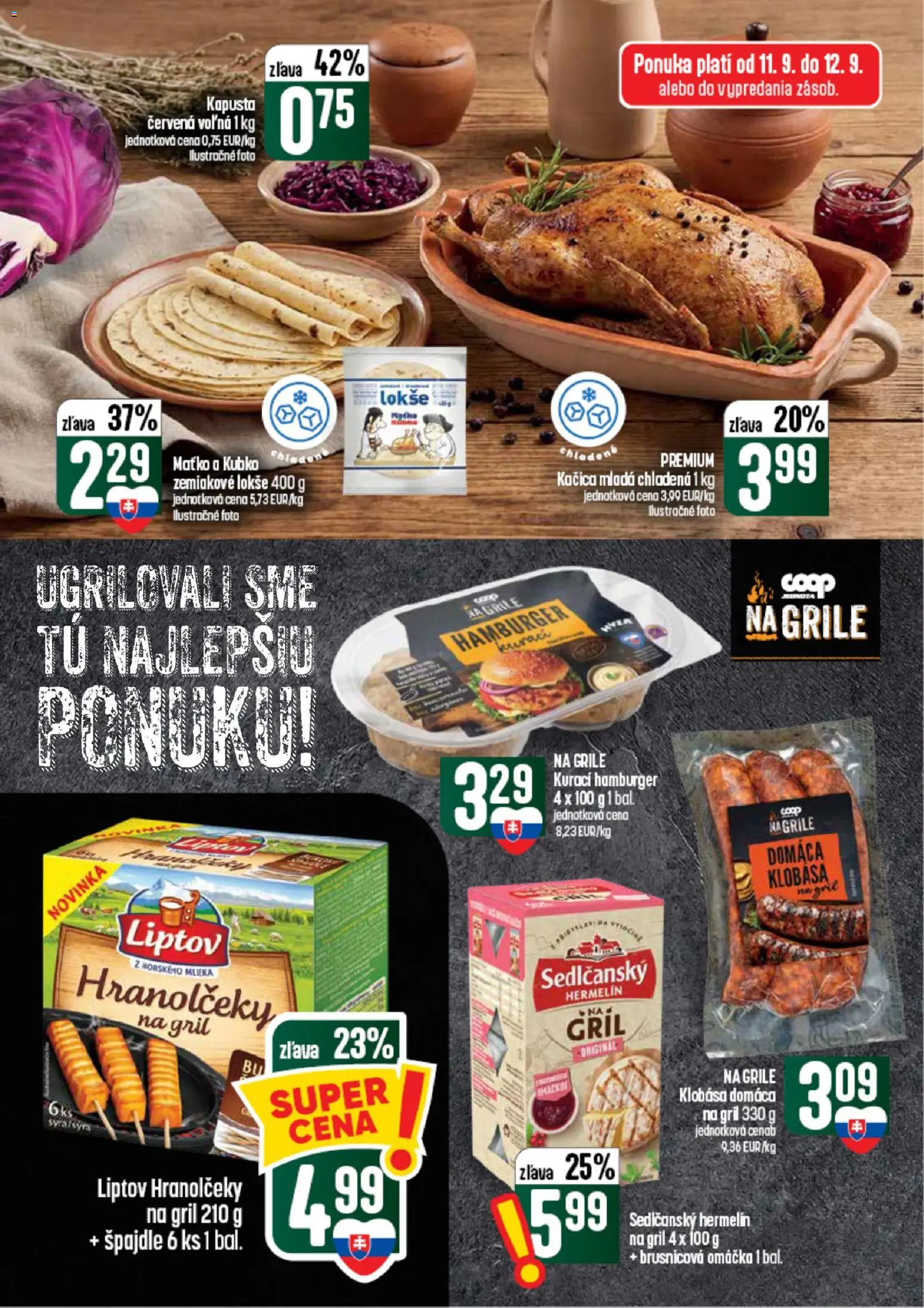 Náhľad COOP Jednota letáku platného od 10.09.2026 - Hamburger, Gril, Kapusta, Hermelín, Klobása, Kačica, Omáčka, Kapusta červená