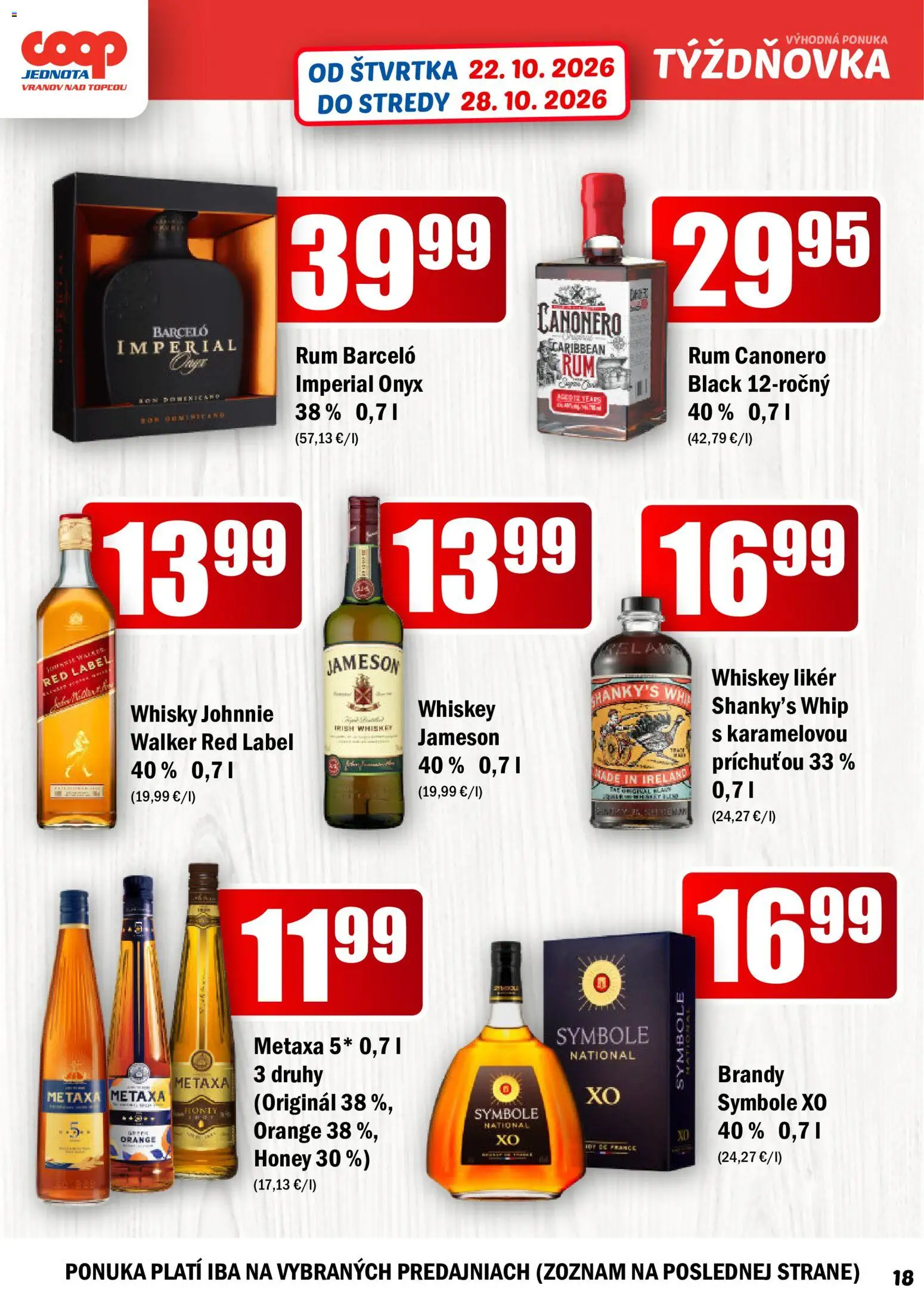 Náhľad COOP Jednota letáku platného od 22.10.2026 - Rum, Whisky, Jameson, Metaxa, Brandy, Barceló, Metaxa 5*