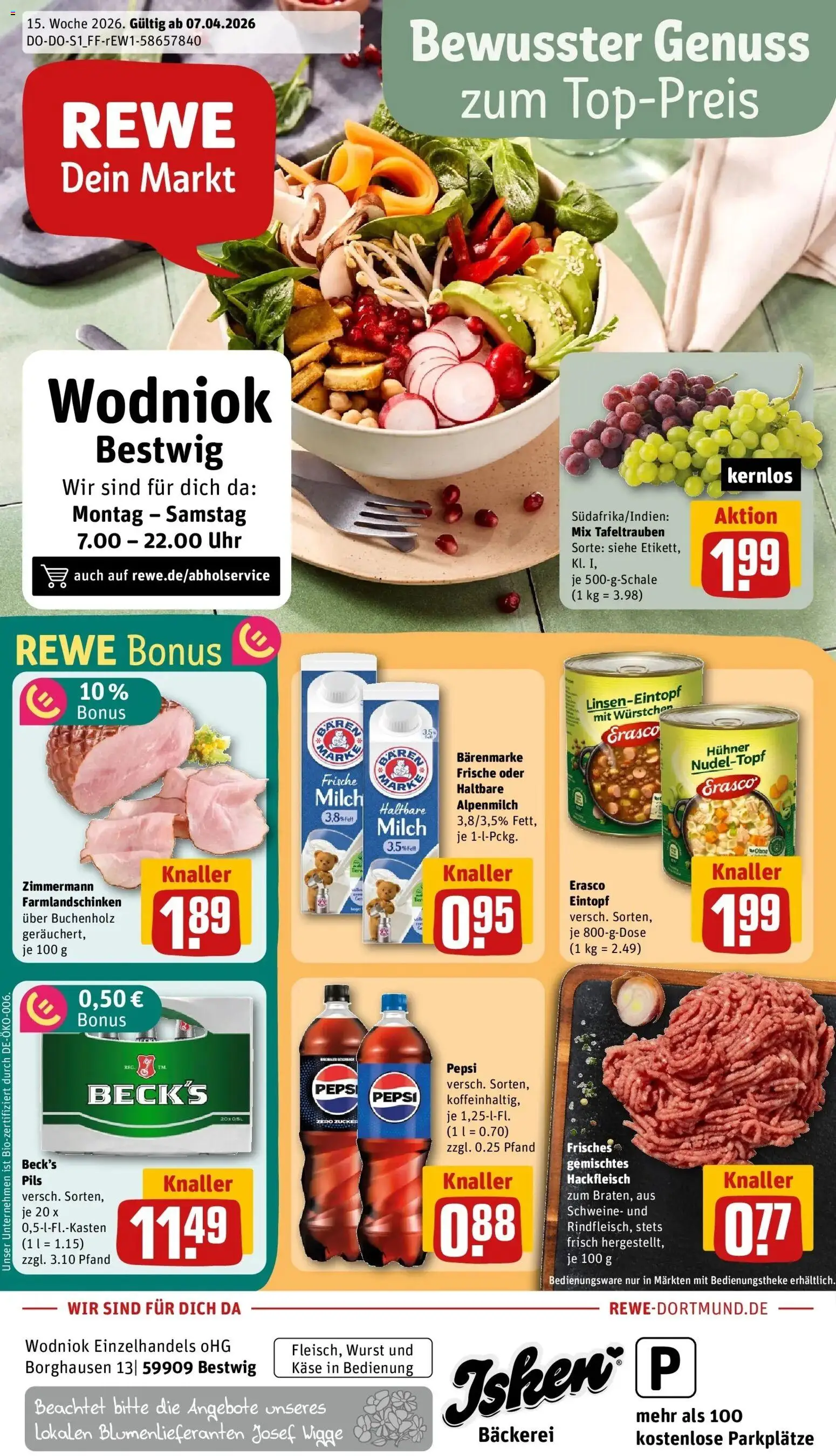 Vorschau von dem Prospekt des Geschäftes Rewe, gültig ab dem 05.04.2026 - Bäckerei, Uhr, Käse, Wurst, Hackfleisch, Zucker, Pepsi, Pils