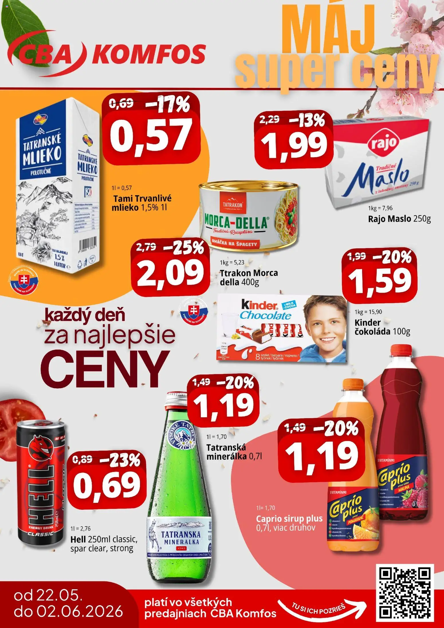 Náhľad CBA Komfos letáku platného od 22.05.2026 - Maslo, Voda, Špagety, Mlieko, Kinder, Sirup, Omáčka, Minerálna voda