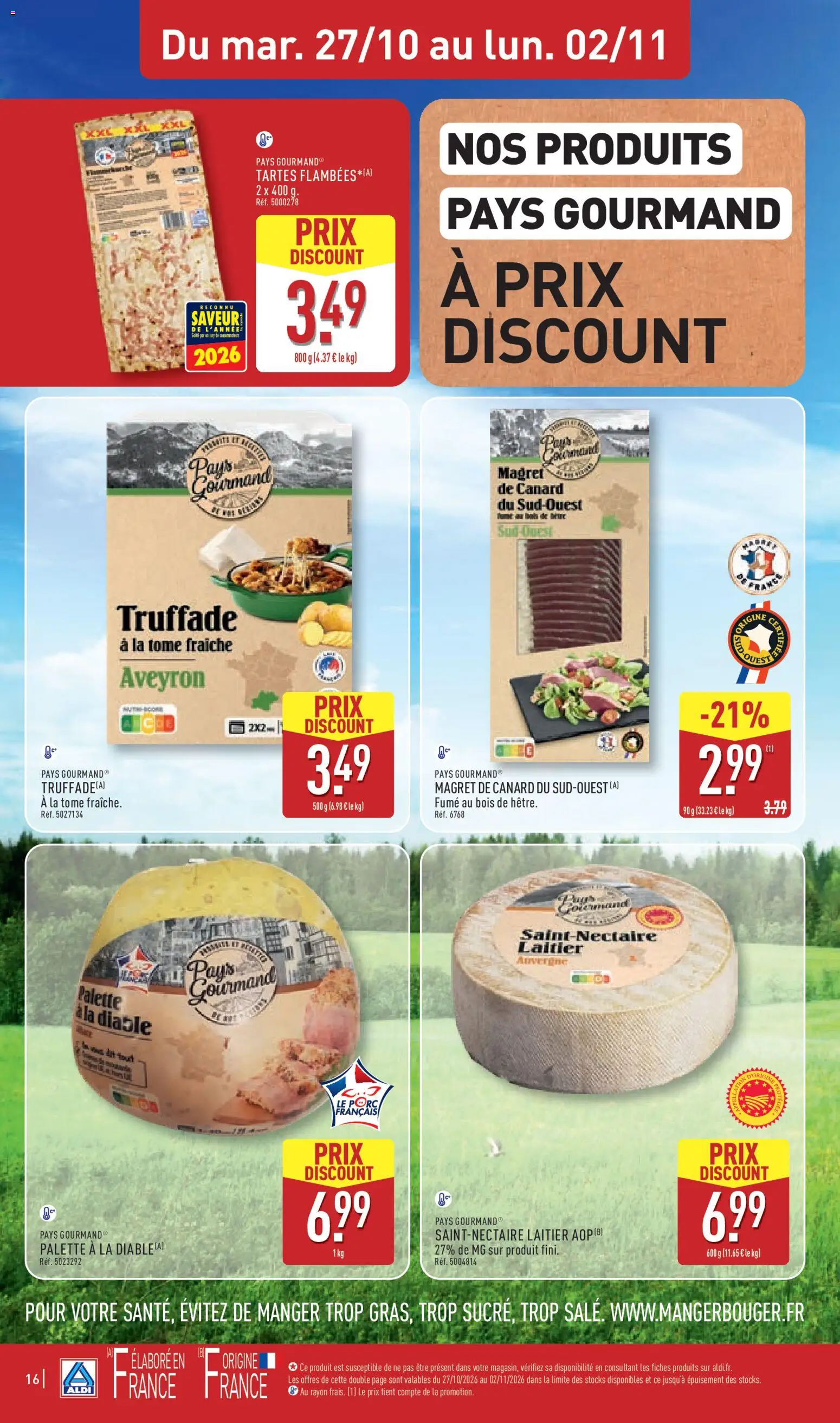 Prévisualisation de Aldi catalogue du magasin Aldi formulaire valide 27/10/2026 - Magret de canard, Canard, Tarte, Diable, Porc, Palette à la diable, Saint-Nectaire laitier