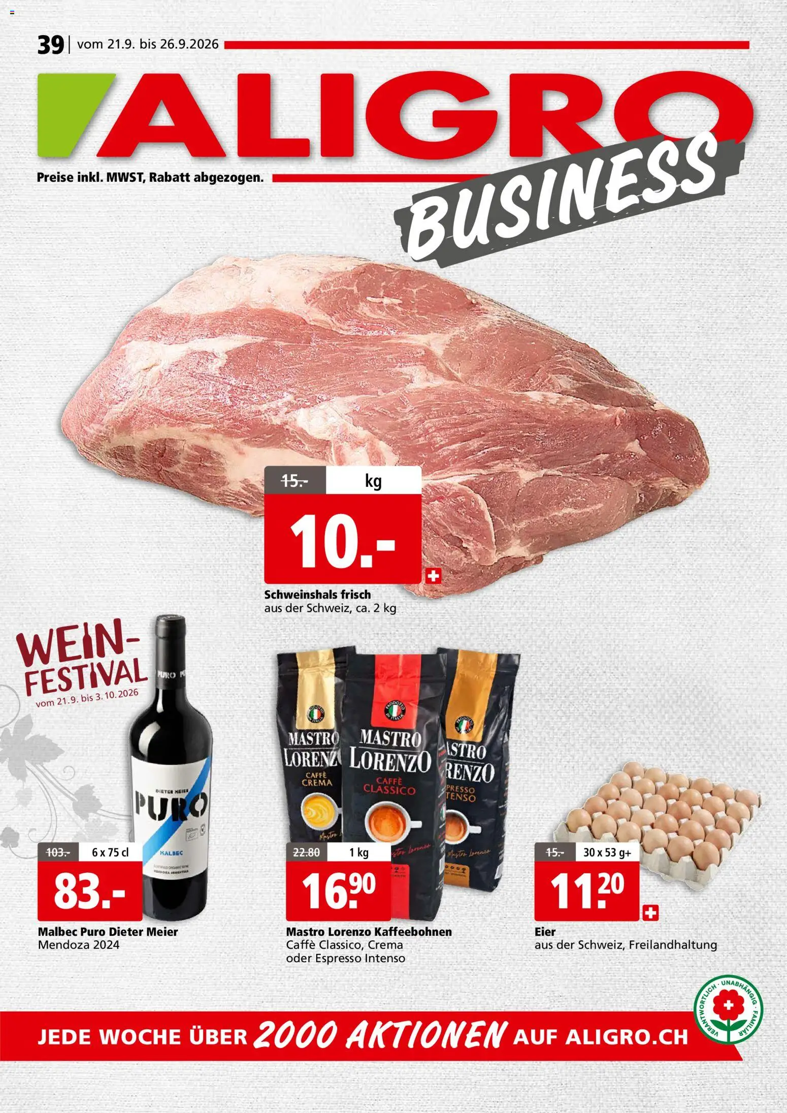 Vorschau des Merkblatts Aligro aktionen Business Schlieren, Gossau SG, Frauenfeld, Rapperswil-Jona, Sargans, Bern vom Shop Aligro gültig von 21.09.2026 bis 26.09.2026 - Wein, Eier