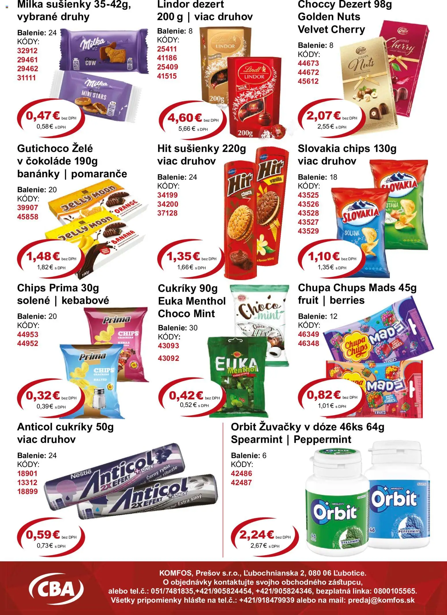 Náhľad CBA Komfos letáku platného od 18.09.2026 - Lindt, Dezert, Lindor, Pomaranče, Cukríky, Žuvačky, Sušienky, Ríbezle