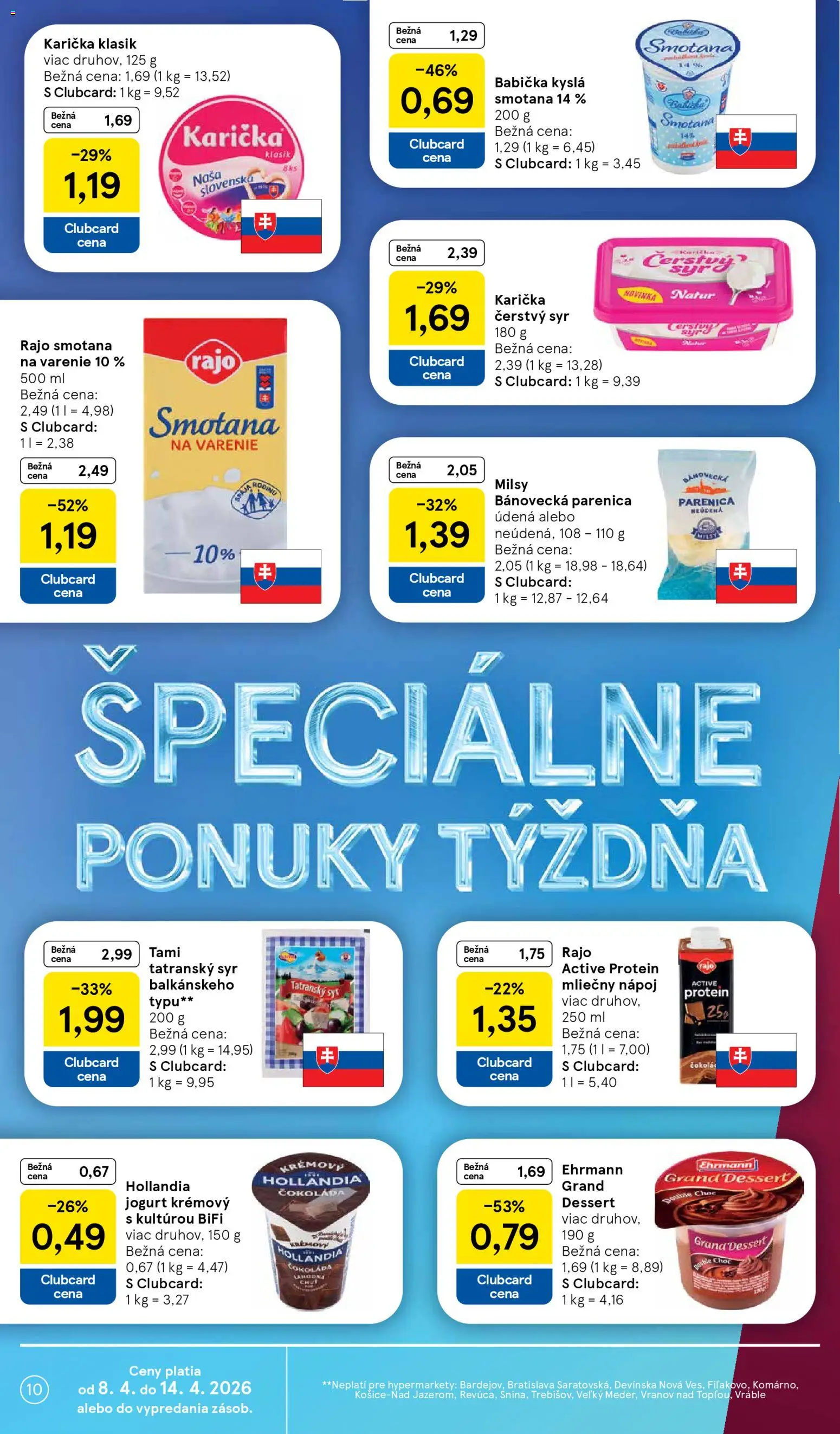 Náhľad Tesco letáku platného od 08.04.2026 - Protein, Syr, Čokoláda, Kyslá smotana, Smotana na varenie, Jogurt, Smotana