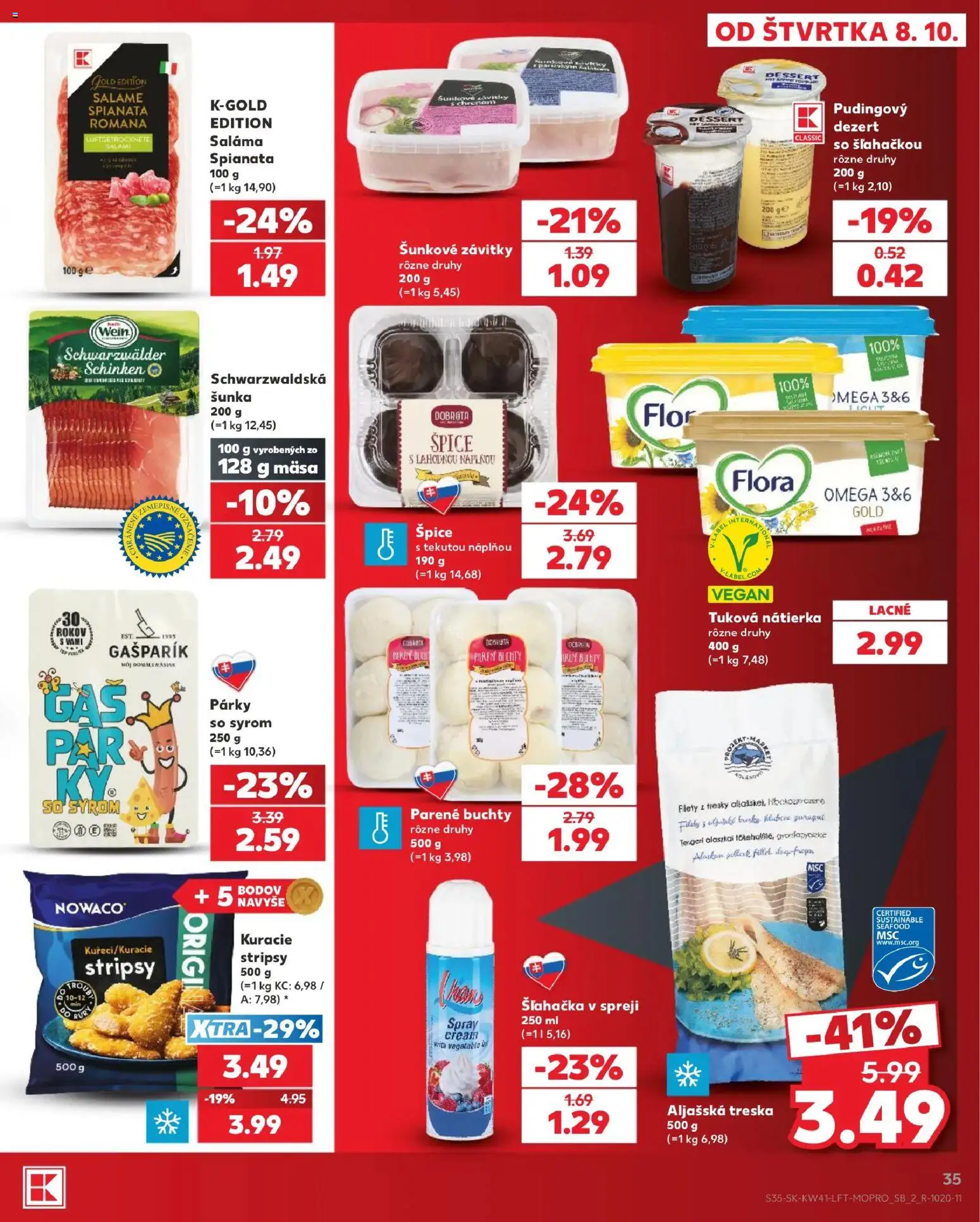 Náhľad Kaufland letáku platného od 08.10.2026 - Flora, Treska, Dezert, Párky, Šľahačka, Nátierka, Stripsy, Saláma