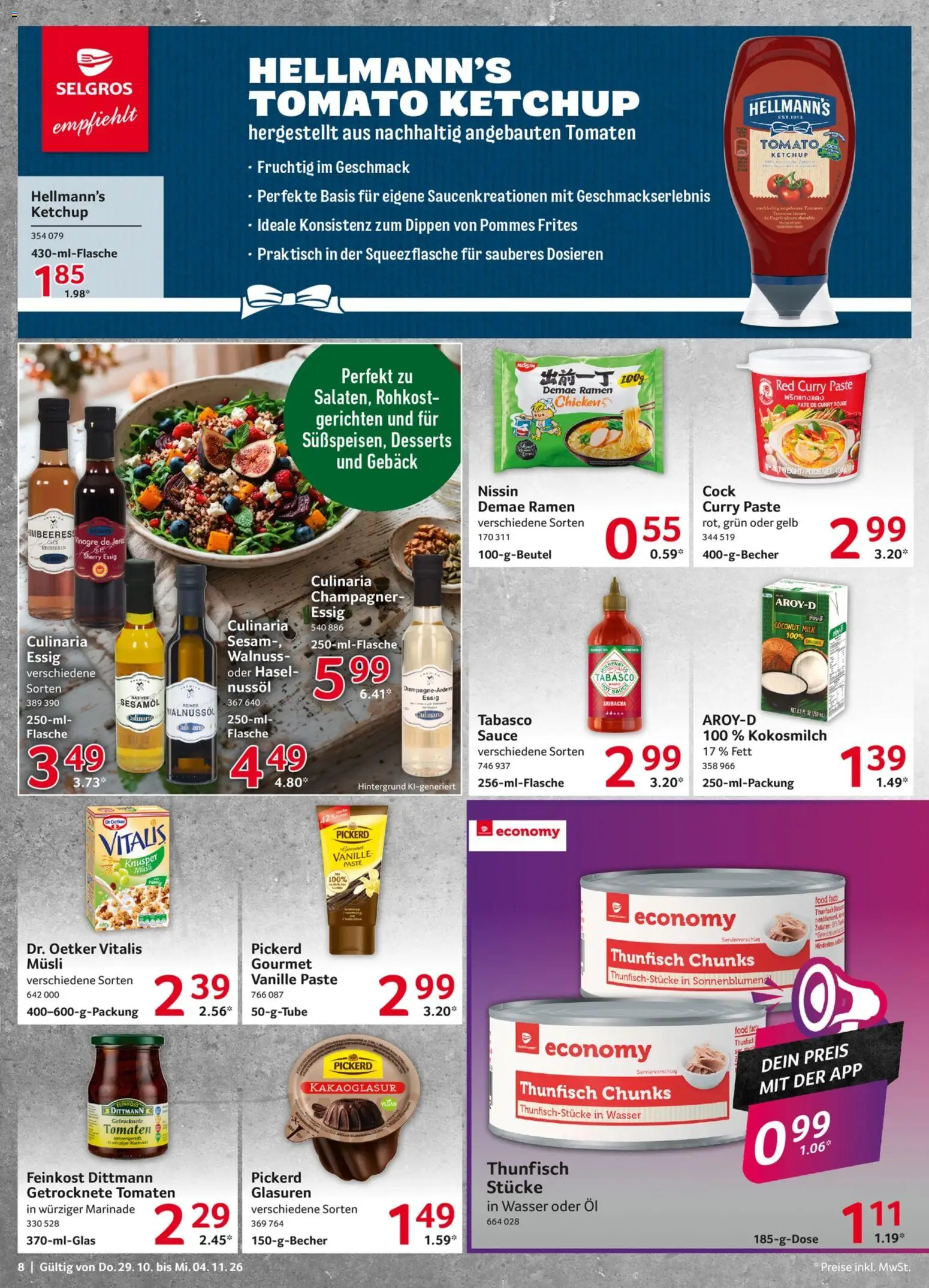 Vorschau von dem Prospekt des Geschäftes Selgros, gültig ab dem 29.10.2026 - Wasser, Pommes, Thunfisch, Essig, Tomaten, Ketchup, Vanille, Musli