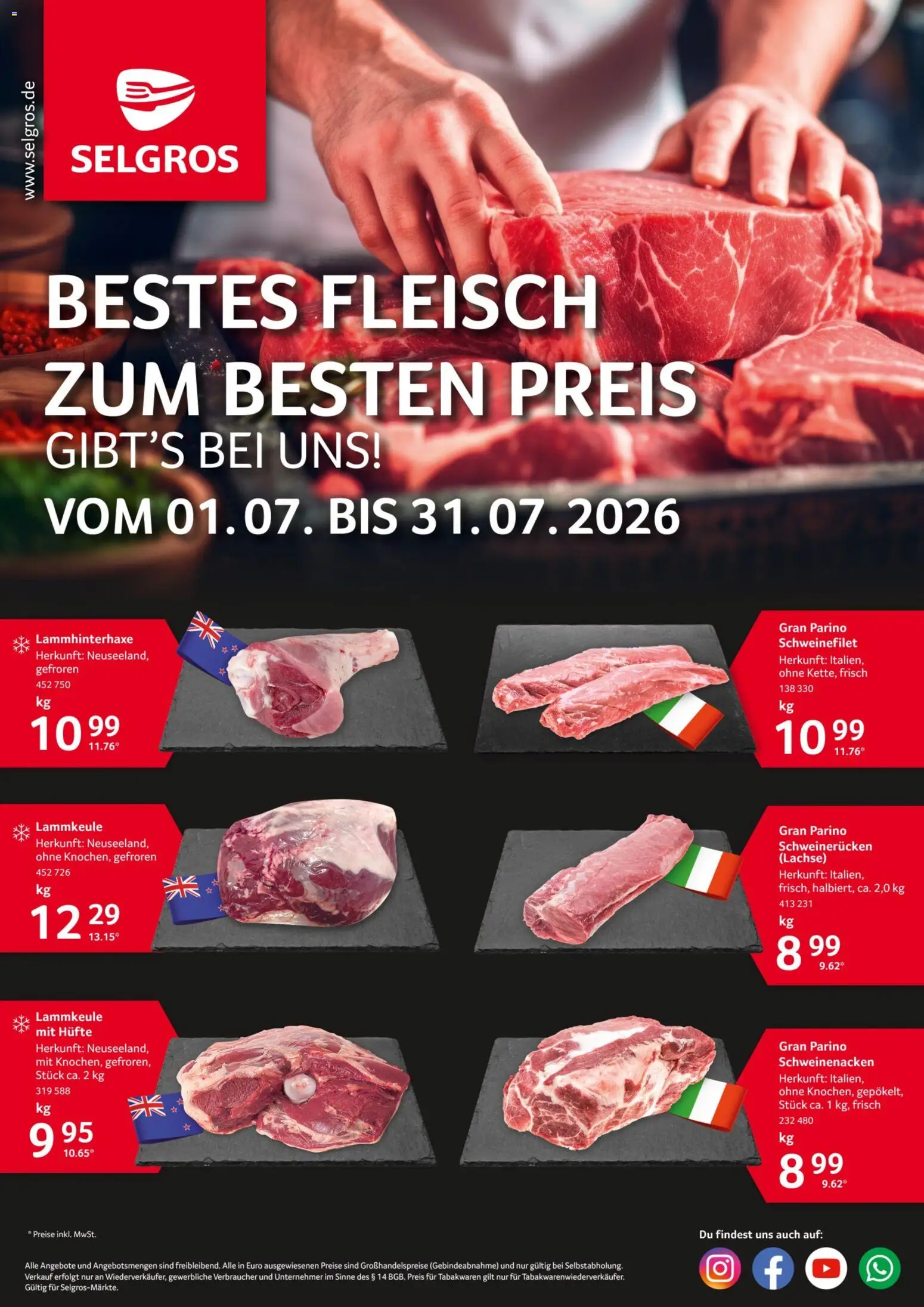 Vorschau von dem Prospekt des Geschäftes Selgros, gültig ab dem 01.07.2026 - Fleisch, Schweinefilet, Lammkeule, Schweinenacken, Schweinerucken
