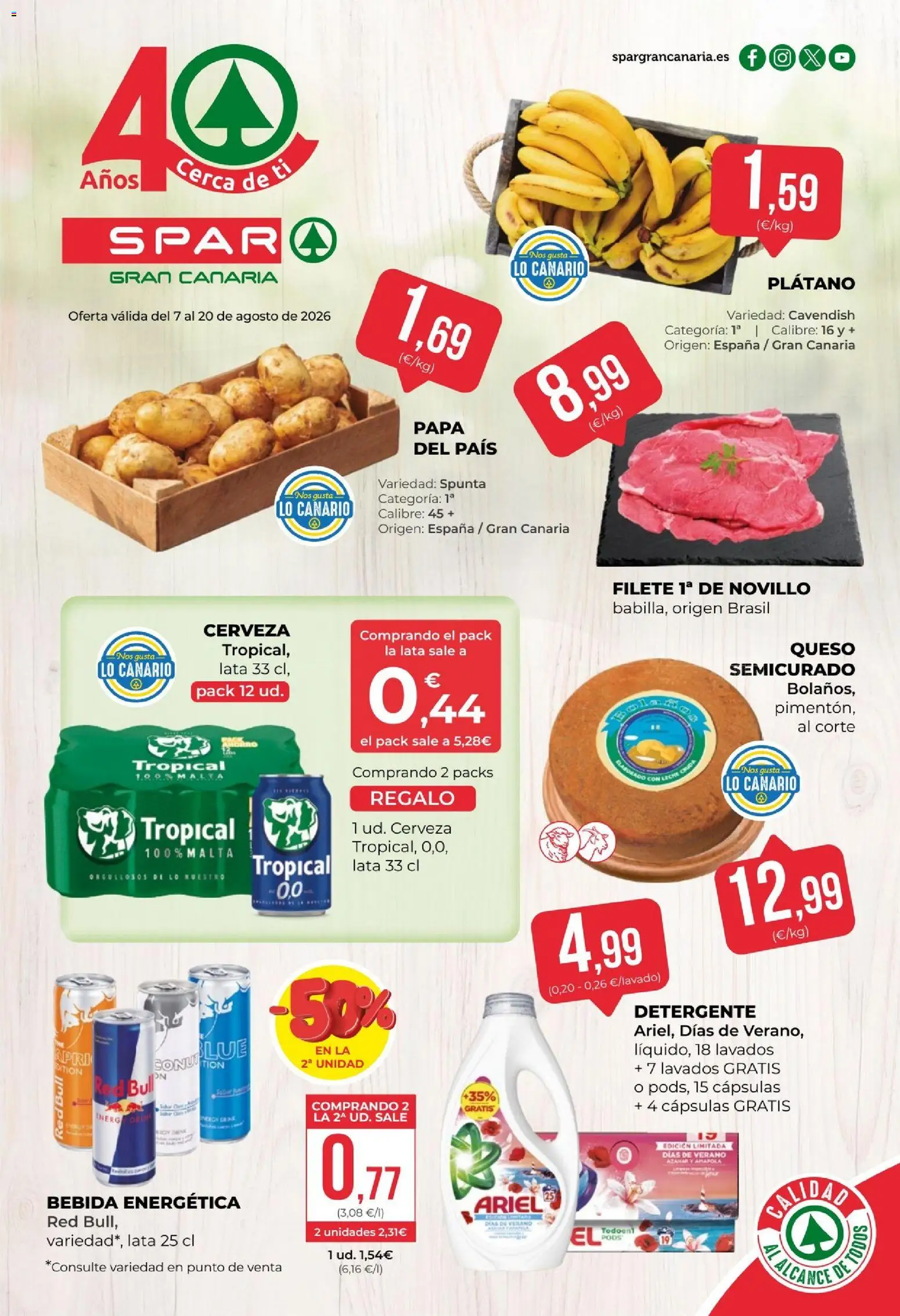 Vista previa del folleto de la tienda Spar válido desde el 07/08/2026 - Queso, Cerveza, Red Bull, Leche, Detergente, Cápsulas, Filete, Bebida energética