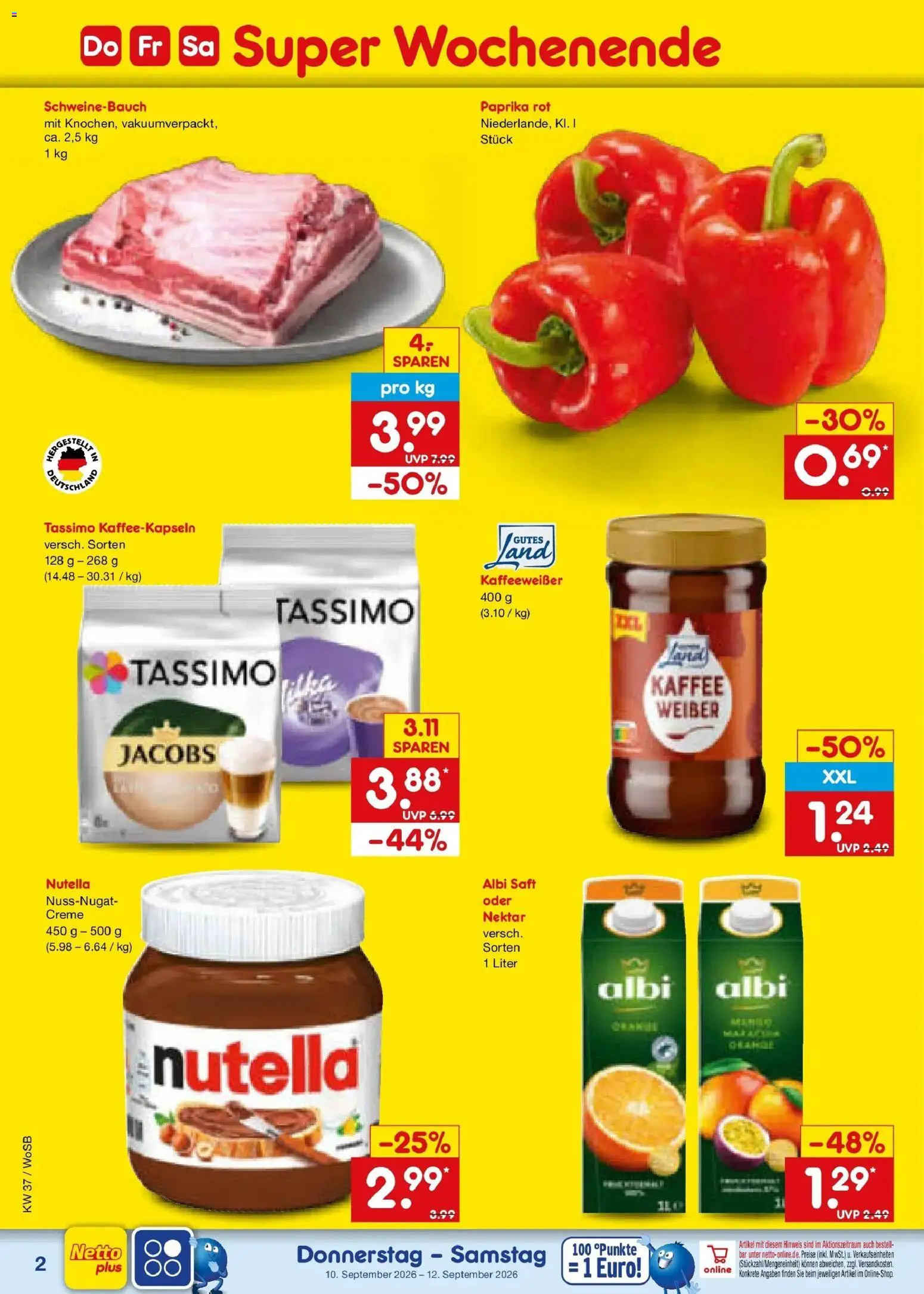 Vorschau von dem Prospekt des Geschäftes Netto Marken-Discount, gültig ab dem 07.09.2026 - Kaffee, Nutella, Tassimo, Paprika, Schweinebauch, Creme, Saft, Paprika rot