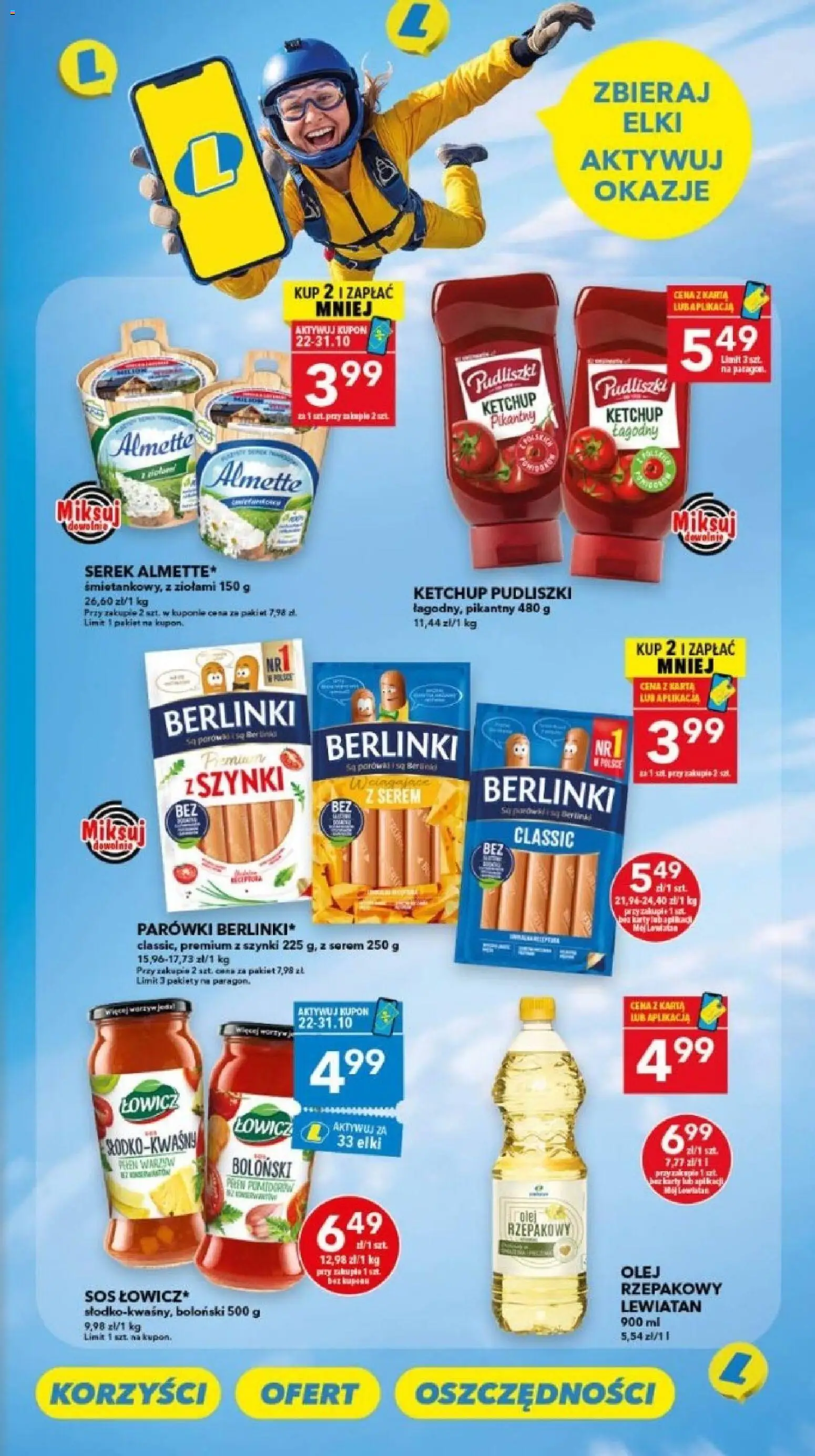 Pogląd gazetki "Lewiatan gazetka - Legnica" ze sklepu Lewiatan ważnej od 22.10.2026 - Serem, Sos, Almette, Olej rzepakowy, Ketchup, Parówki, Berlinki, Serek