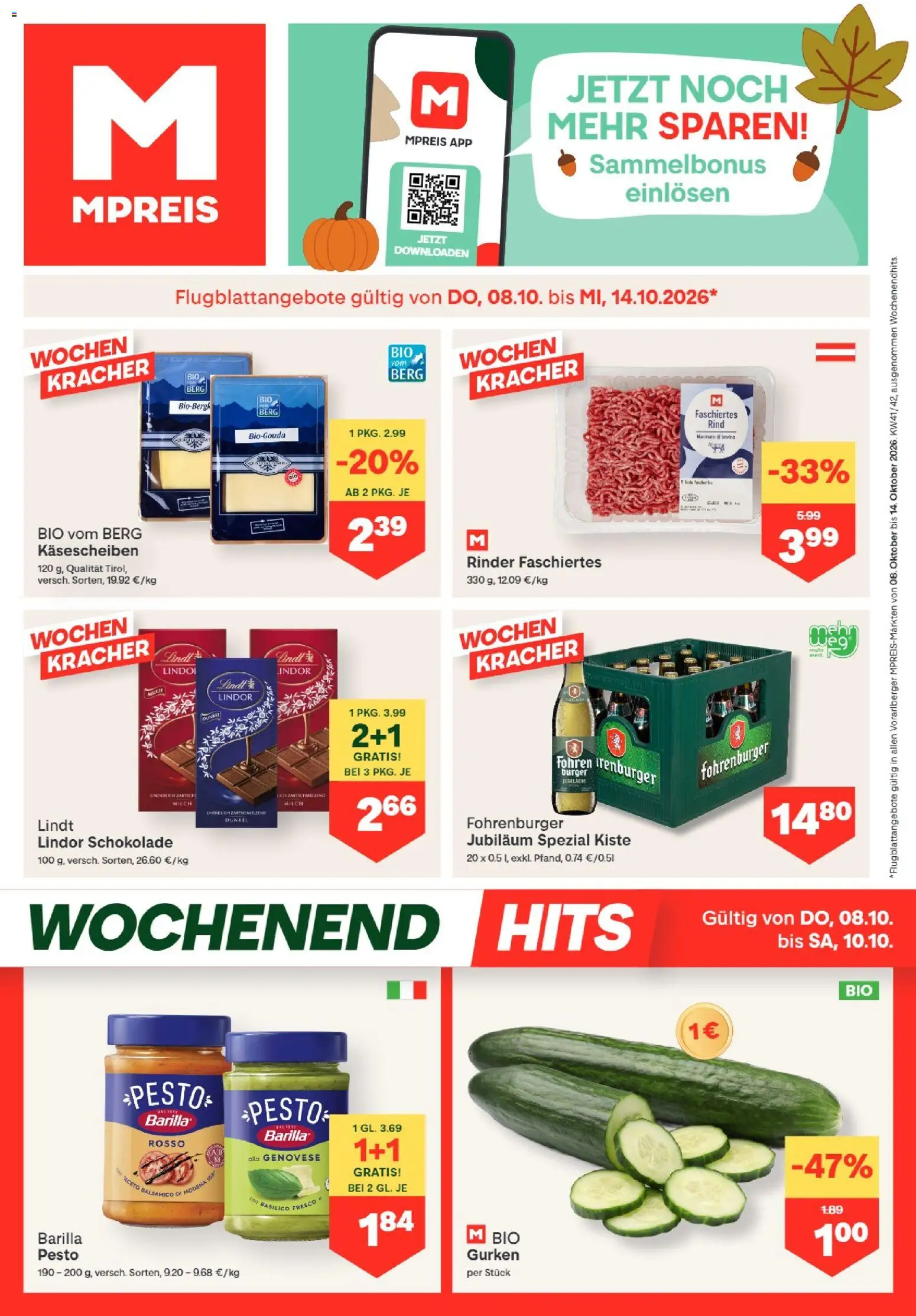 Vorschau der Angebote: MPREIS MPREIS Hohenems gültig ab 08.10.2026 - Burger, Schokolade, Milch, Gurken, Barilla