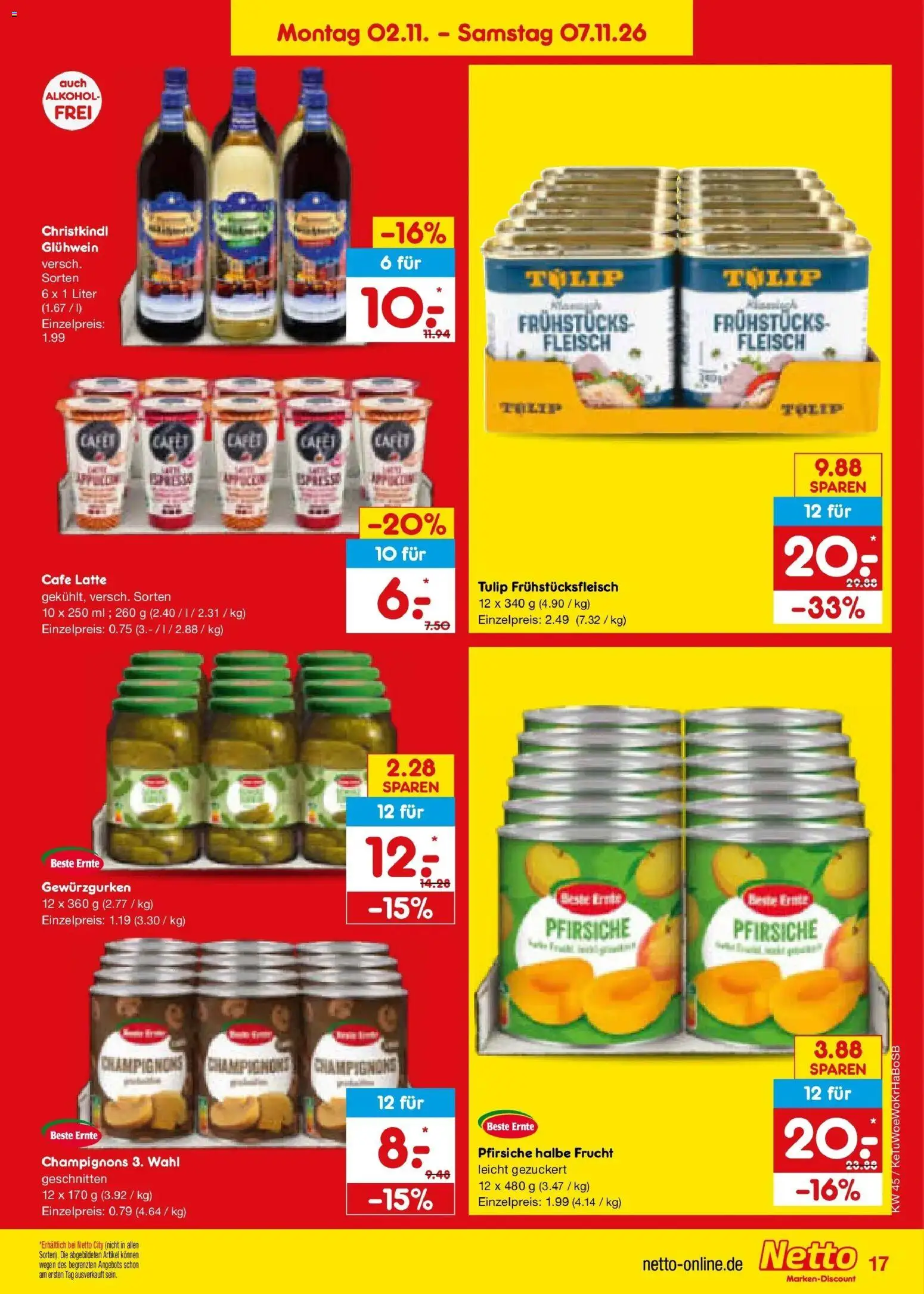 Vorschau von dem Prospekt des Geschäftes Netto Marken-Discount, gültig ab dem 02.11.2026 - Alkohol, Fleisch, Champignons