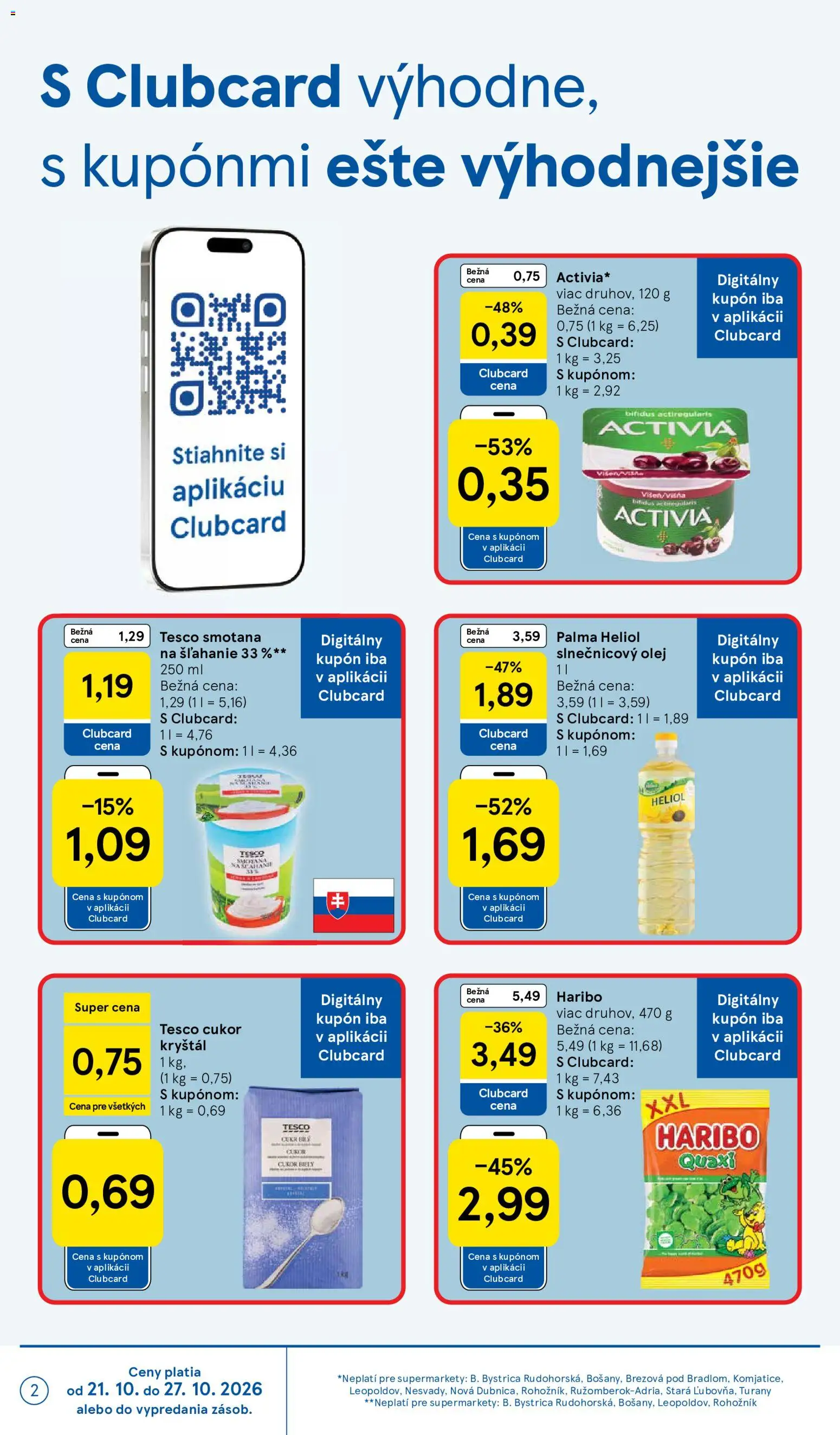 Náhľad Tesco letáku platného od 21.10.2026 - Olej, Smotana na šľahanie, Cukor, Smotana, Slnečnicový olej, Cukor kryštál