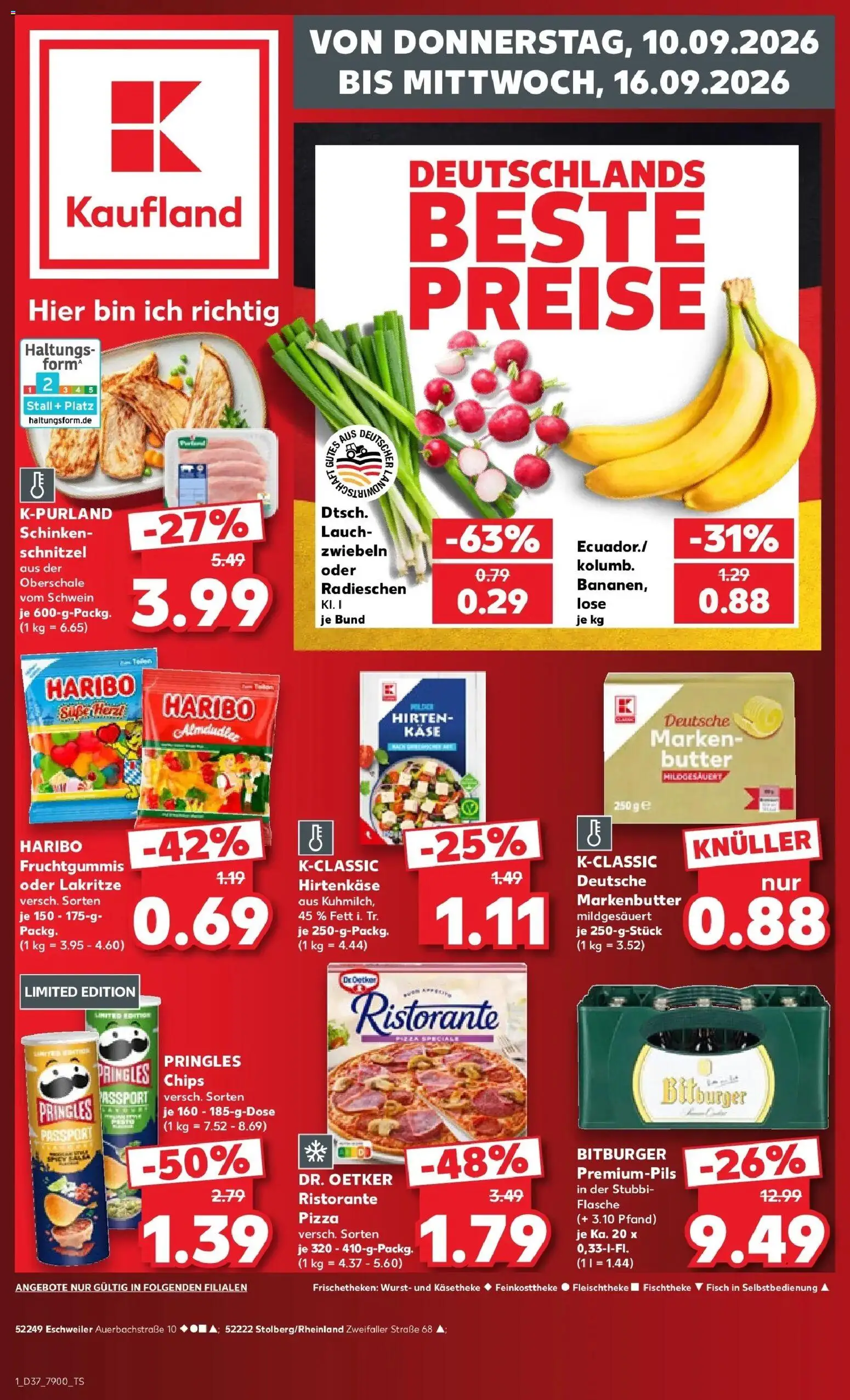 Vorschau von dem Prospekt des Geschäftes Kaufland, gültig ab dem 10.09.2026 - Pizza, Burger, Butter, Schnitzel, Wurst, Pringles, Schinken, Bitburger