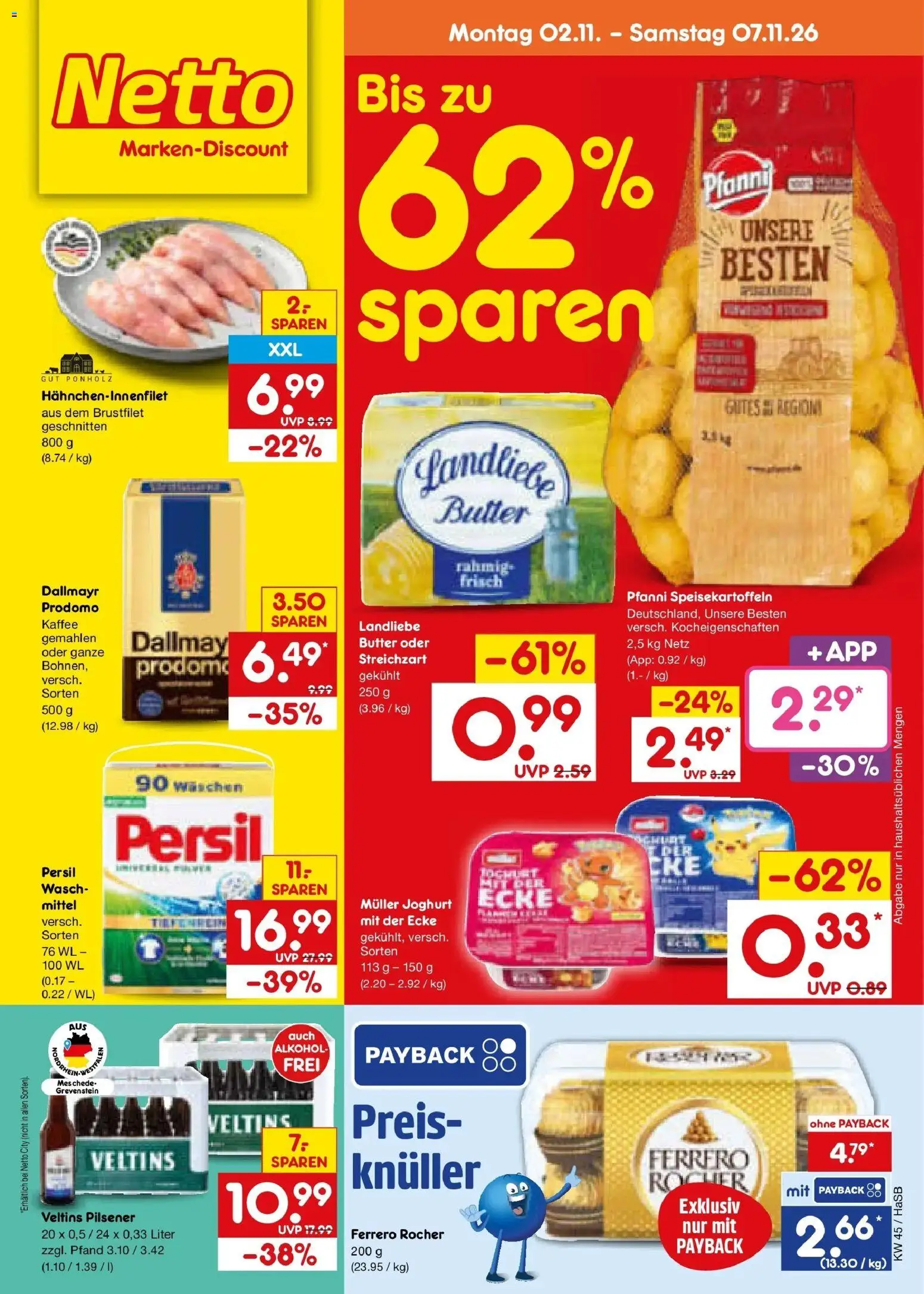 Vorschau von dem Prospekt des Geschäftes Netto Marken-Discount, gültig ab dem 02.11.2026 - Kaffee, Butter, Joghurt, Alkohol, Dallmayr, Ferrero rocher, Veltins, Persil