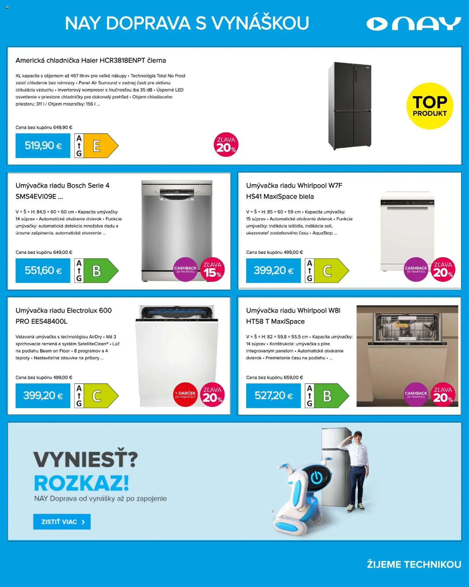 Náhľad NAY Elektrodom letáku platného od 19.10.2026 - Umývačka riadu, Chladnička, Kompresor, Bosch, Americká chladnička, Zásuvka, Osvetlenie, Umývačka