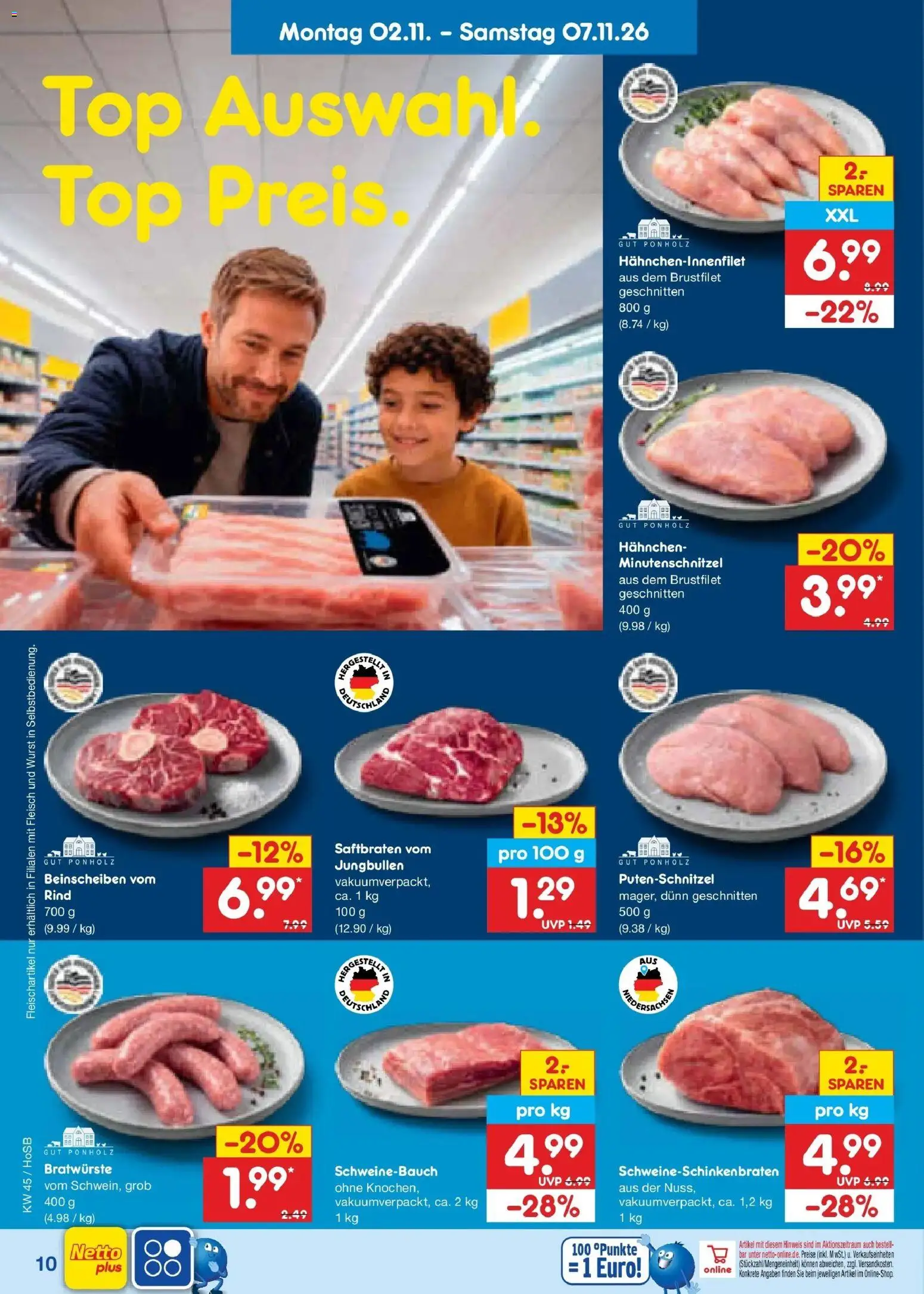 Vorschau von dem Prospekt des Geschäftes Netto Marken-Discount, gültig ab dem 02.11.2026 - Wurst, Top, Fleisch, Schweinebauch, Putenschnitzel, Hahnchen