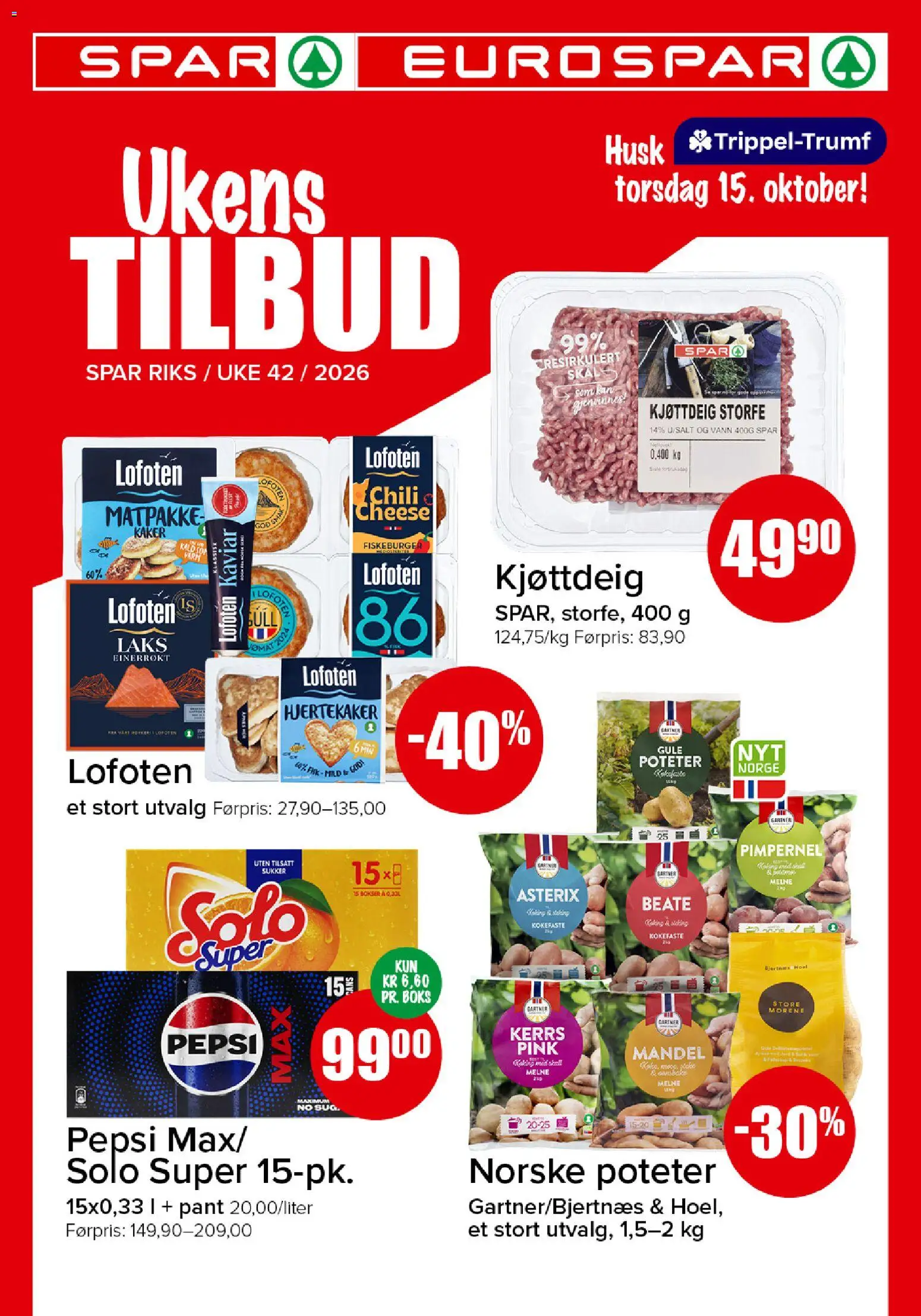 Forhåndsvis Spar kundeavis fra butikk Spar gyldig fra 12/10/2026 - Husk, Kaker, Kjøttdeig, Fiskeburger, Pepsi, Boks, Vann, Laks