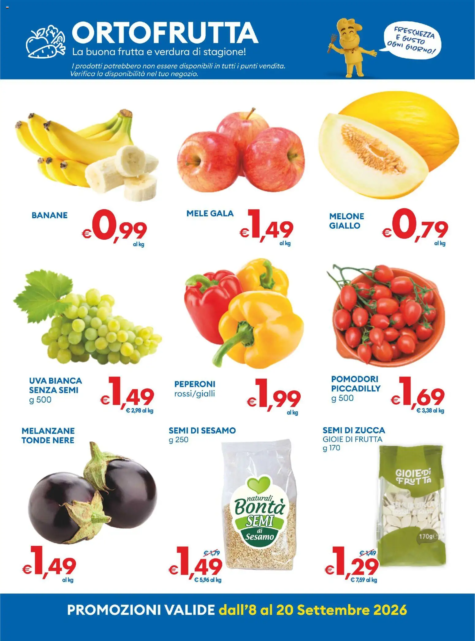 Anteprima dell'opuscolo MD Discount volantino dal negozio MD Discount valido da 08/09/2026 - Frutta, Melanzane, Uva, Melone, Semi di zucca, Mele, Pomodori, Banane