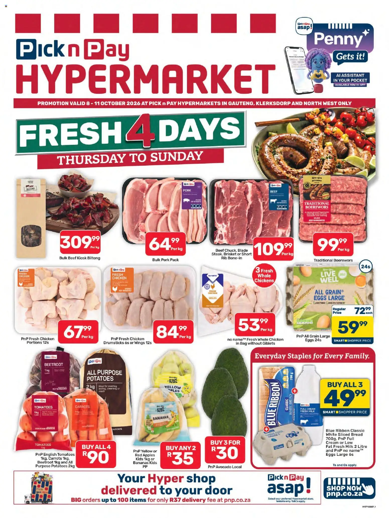 Preview of Pick n Pay flyer valid from 08/10/2026 - Bag, Eggs, Avocado, Milk, Potatoes, Carrots, Pork, Beef
