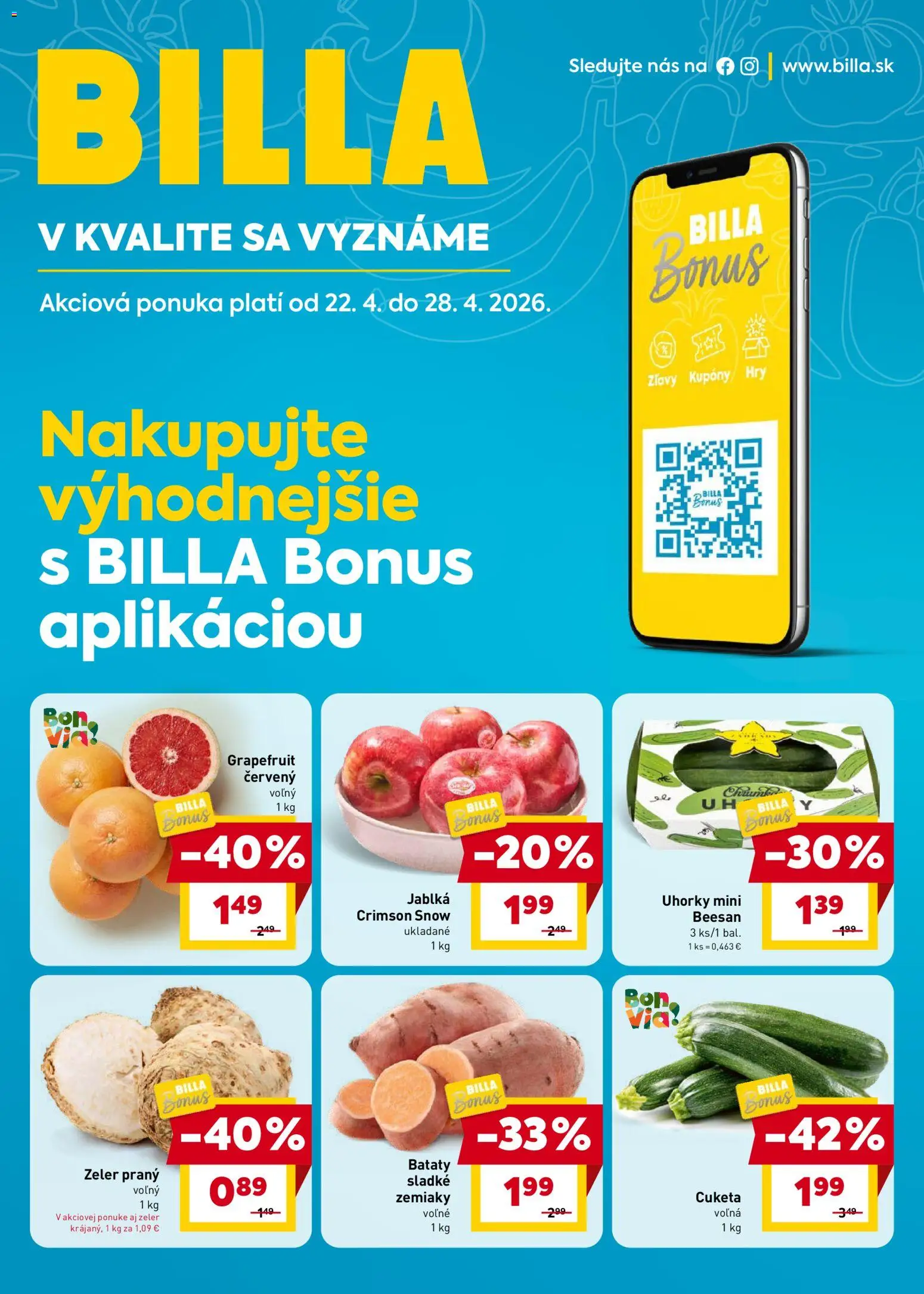 Náhľad Billa letáku platného od 22.04.2026 - Cuketa, Zeler, Zemiaky, Grapefruit, Jablká, Uhorky, Batáty