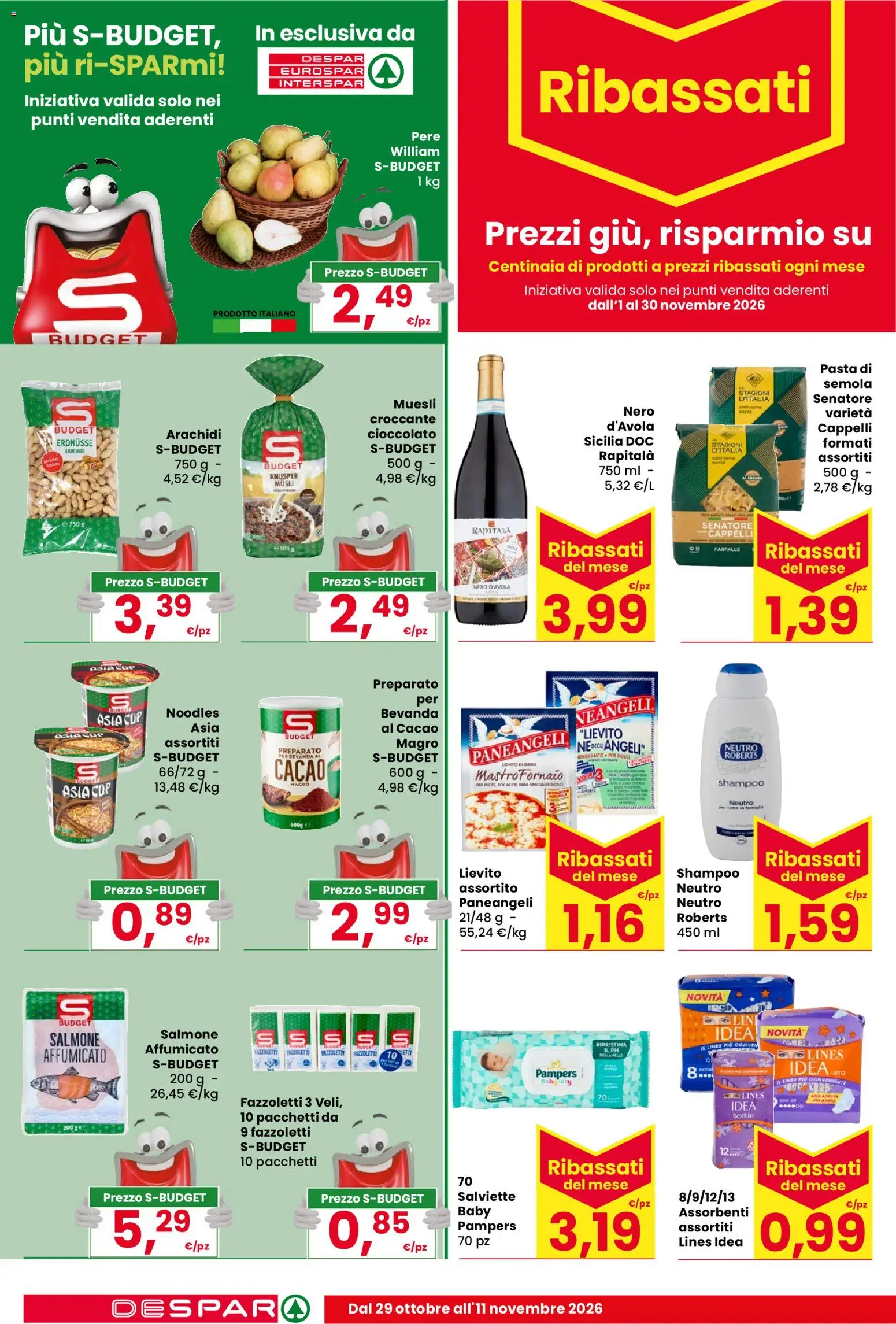 Anteprima dell'opuscolo Despar volantino Bologna dal negozio Despar valido da 29/10/2026 - Dolci, Shampoo, Muesli, Arachidi, Lievito, Assorbenti, Semola, Pere