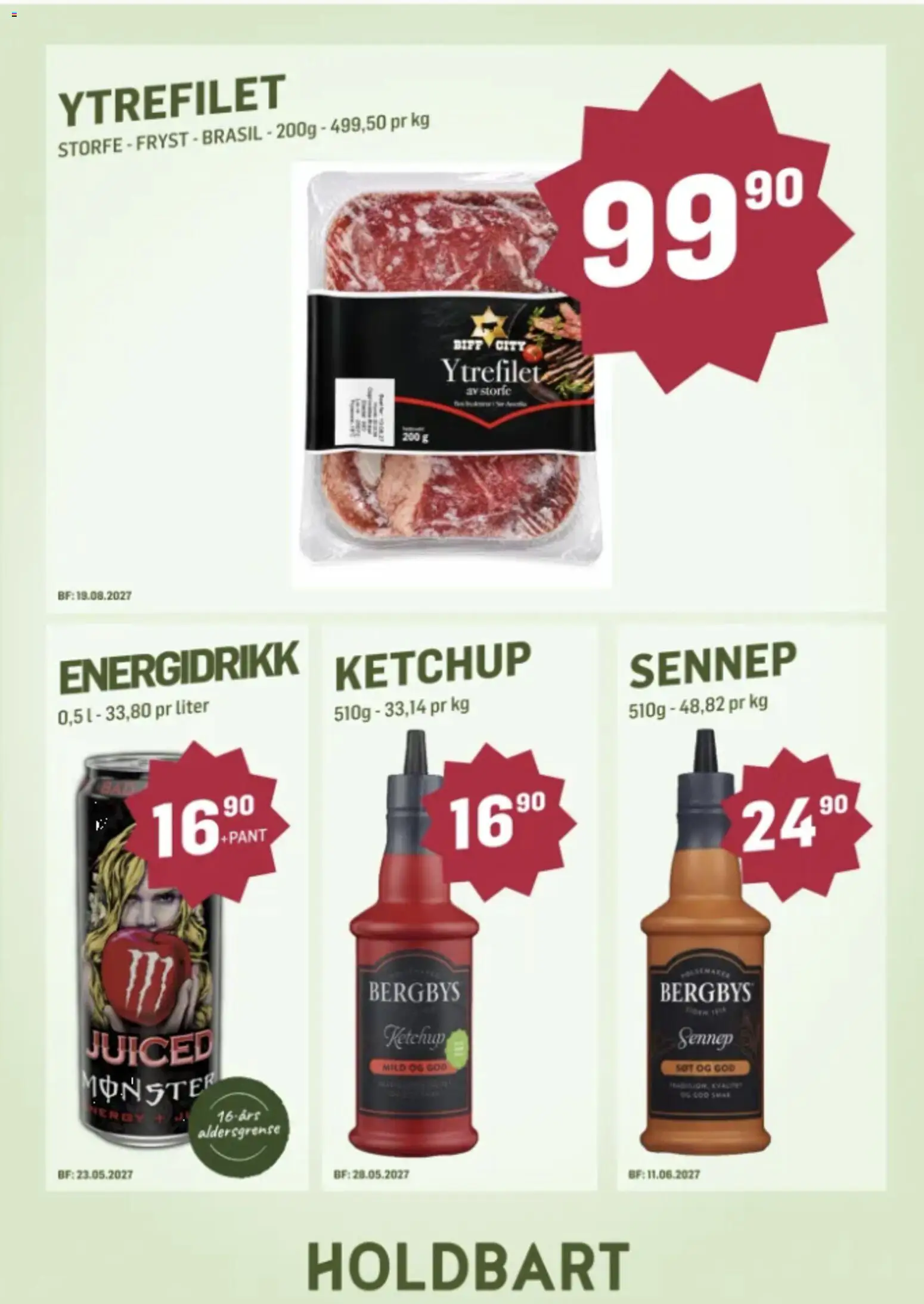 Forhåndsvis Holdbart kundeavis fra butikk Holdbart gyldig fra 07/10/2026 - Ytrefilet, Monster, Biff, Ketchup, Sennep, Energidrikk