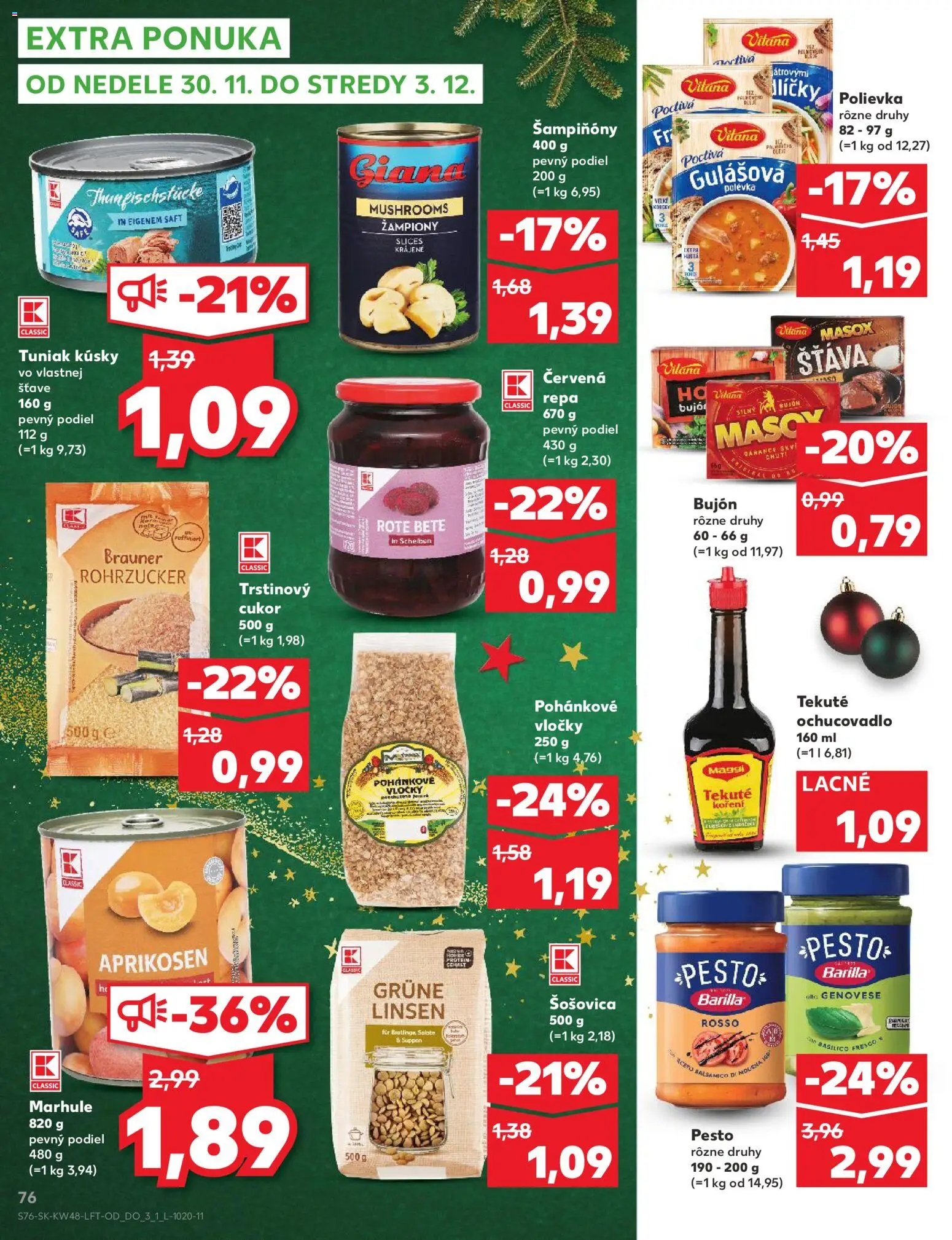 Náhľad Kaufland letáku platného od 27.11.2025 - Cukor, Pesto, Marhule, Šošovica, Vločky, Červená repa, Bujón, Šťava