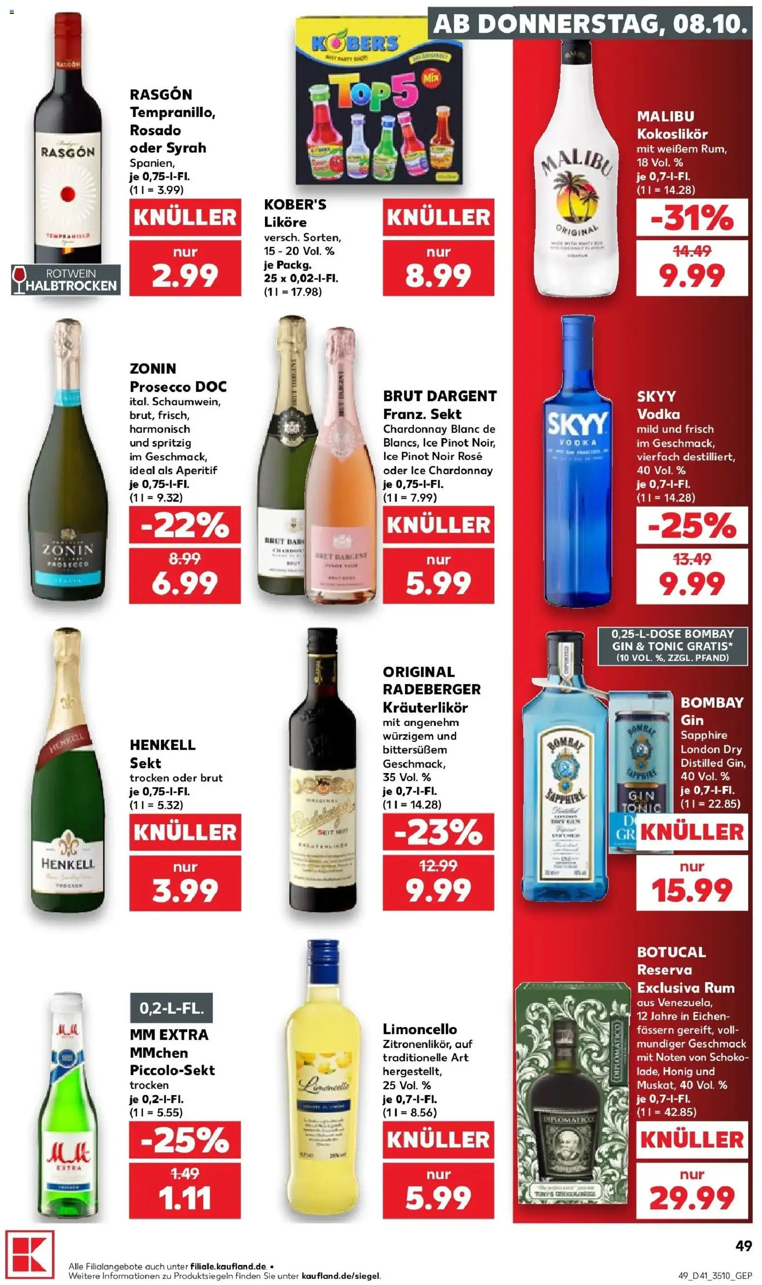 Vorschau von dem Prospekt des Geschäftes Kaufland, gültig ab dem 08.10.2026 - Limoncello, Gin, Prosecco, Vodka, Rum, Sekt, Rotwein, Brut dargent