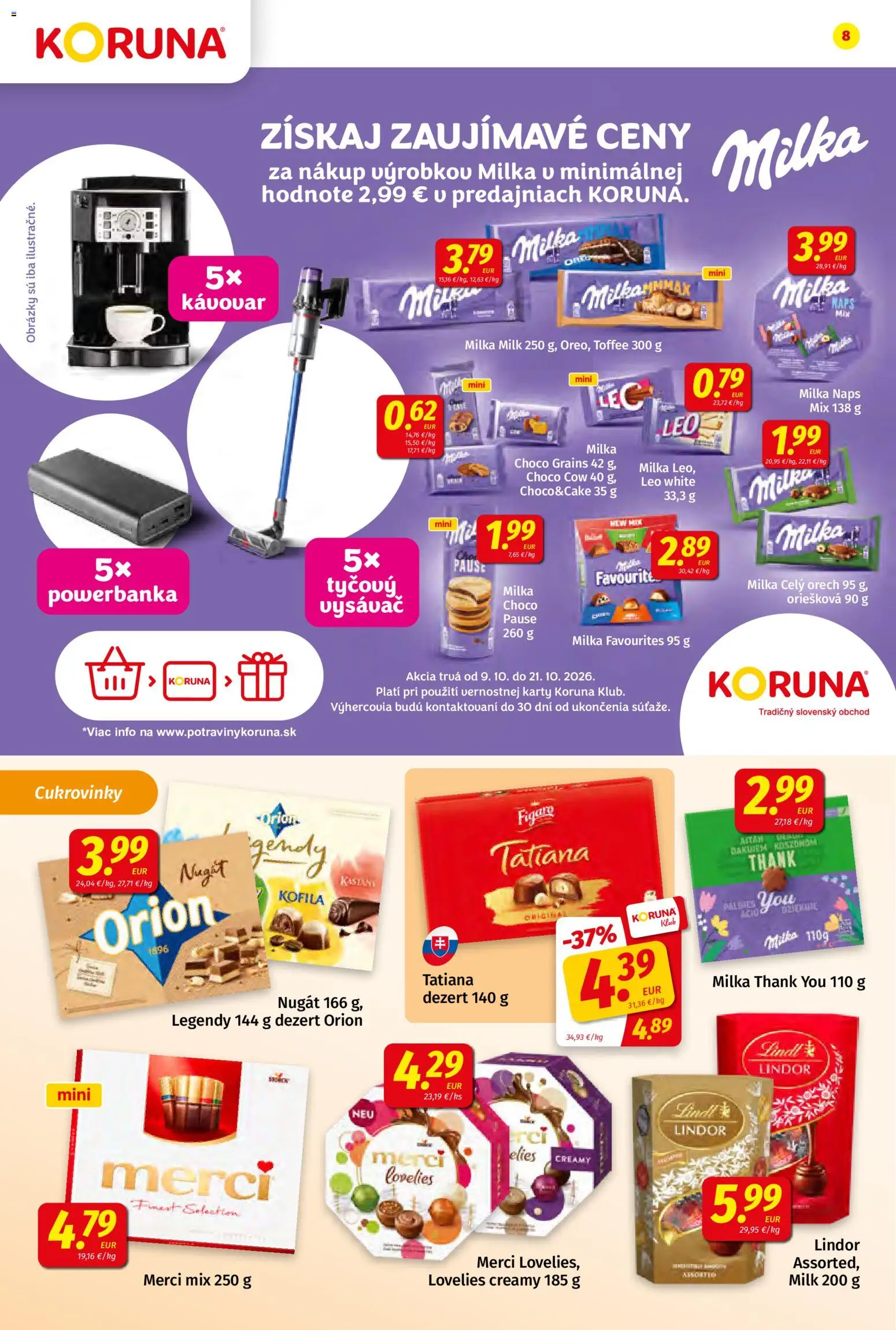 Náhľad Koruna letáku platného od 09.10.2026 - Kávovar, Vysávač, Milka, Dezert, Merci, Cukrovinky, Lindor