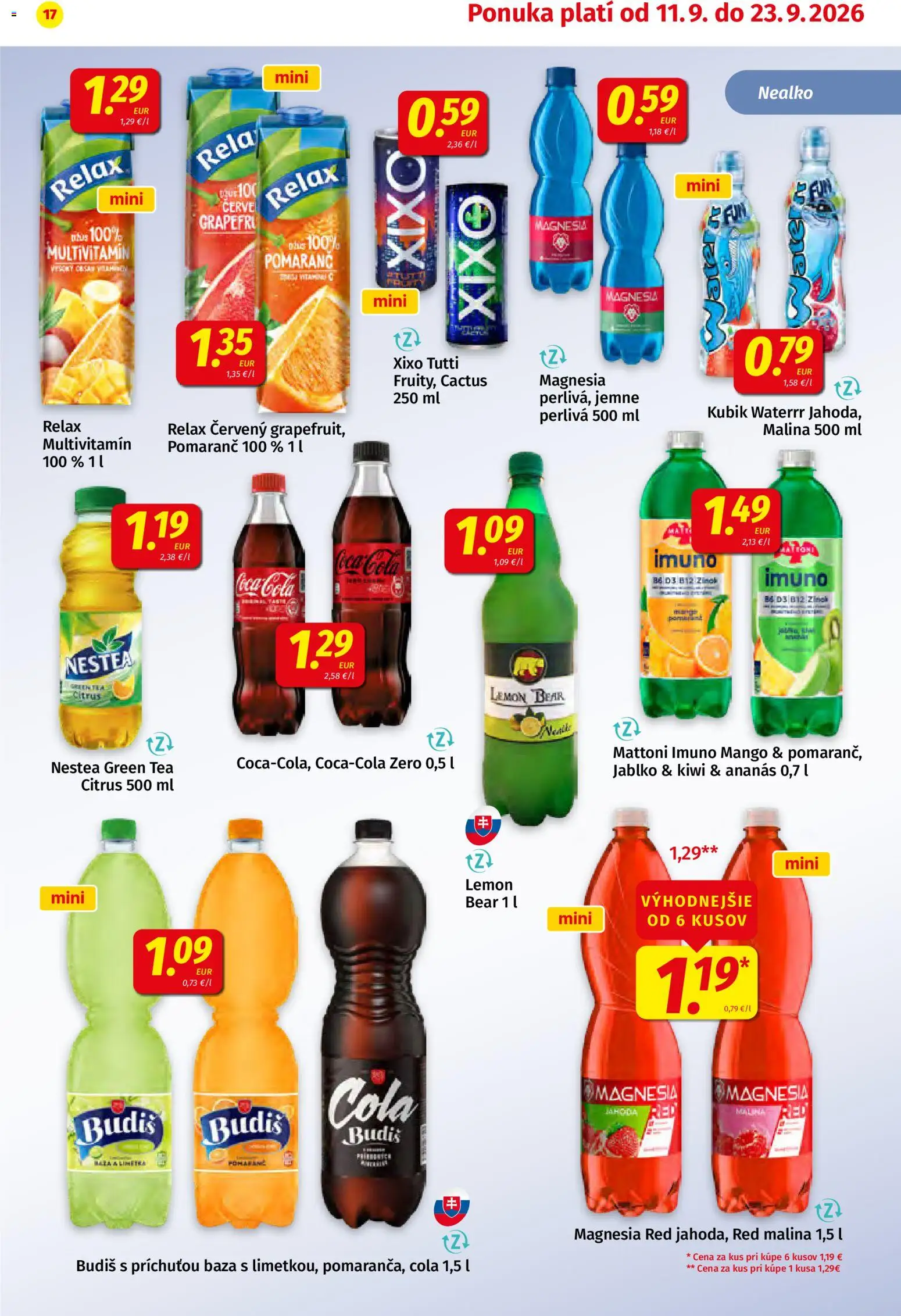 Náhľad Koruna letáku platného od 11.09.2026 - Kiwi, Coca cola, Budiš, Multivitamín, Mattoni, Cola, Džús, Magnesia