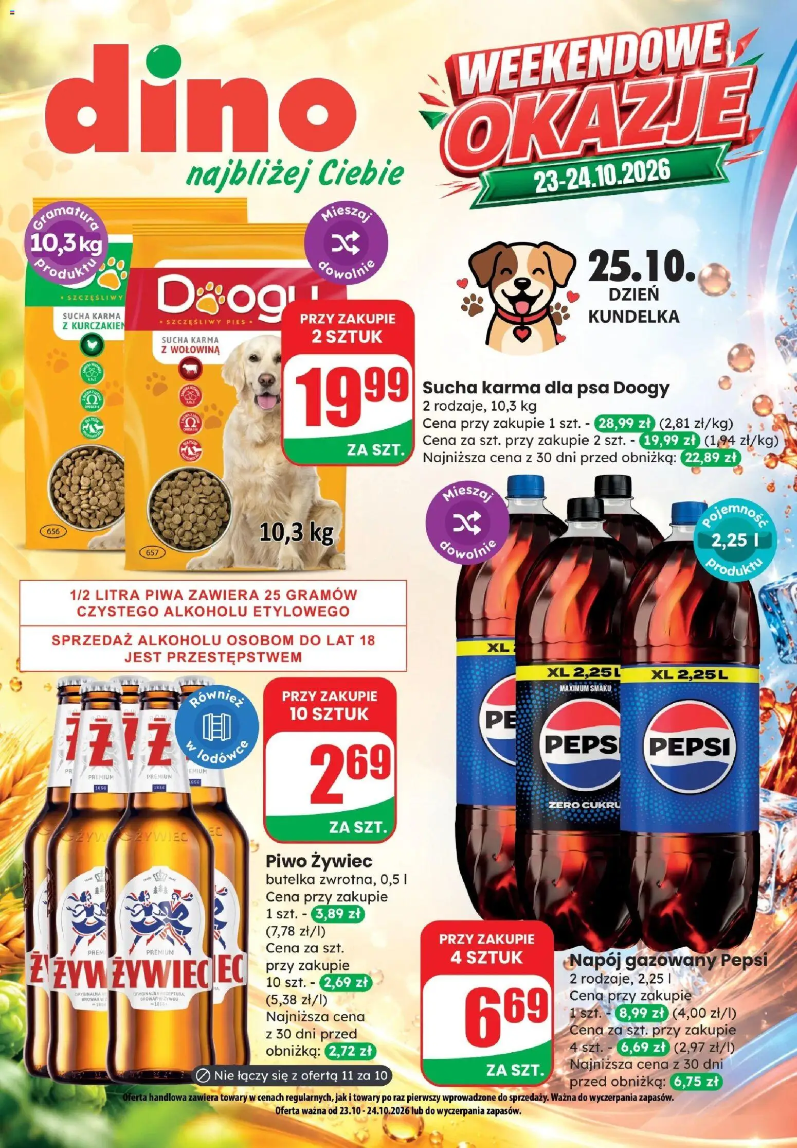 Pogląd gazetki "Dino gazetka - Weekendowe Okazje" ze sklepu Dino ważnej od 23.10.2026 - Piwo, Karma dla psa, Pepsi, Wołowina, Karma, Sucha karma dla psa
