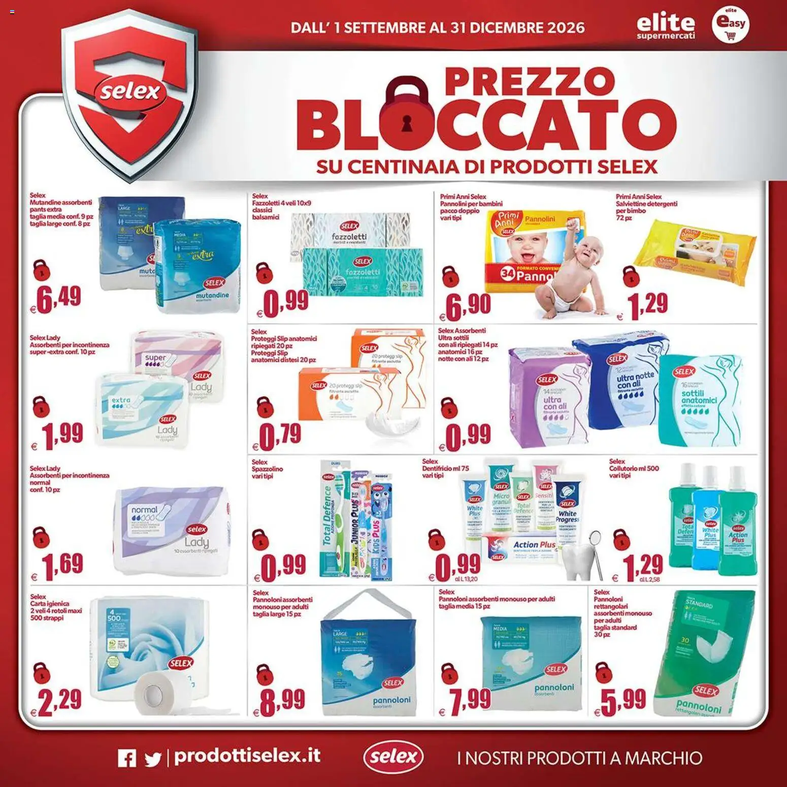 Anteprima dell'opuscolo Elite Supermercati volantino Spesa Difesa Selex dal negozio Elite Supermercati valido da 01/09/2026 - Carta igienica, Assorbenti, Pannolini, Dentifricio, Slip, Fazzoletti, Proteggi slip, Pannolini per bambini