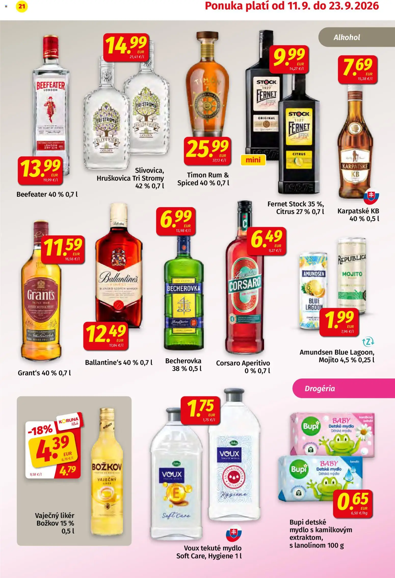 Náhľad Koruna letáku platného od 11.09.2026 - Alkohol, Rum, Whisky, Becherovka, Beefeater, Fernet, Mydlo, Republica