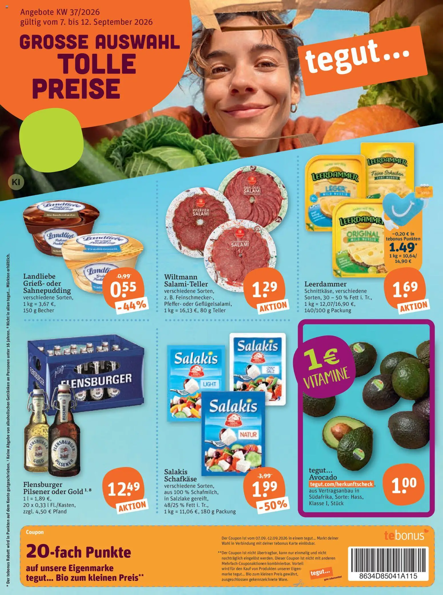 Vorschau von dem Prospekt des Geschäftes Tegut, gültig ab dem 07.09.2026 - Flensburger, Avocado, Salami, Pfeffer, Grieß, Leerdammer, Salakis