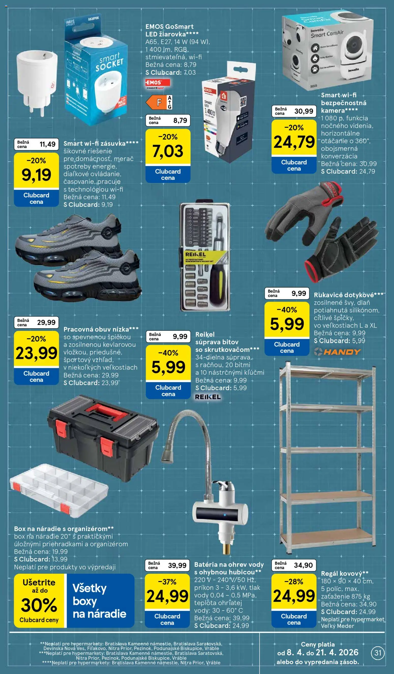 Náhľad Tesco letáku platného od 08.04.2026 - Regál, Kamera, Zásuvka, Náradie, Batéria, Rukavice, Pracovná obuv, Žiarovka