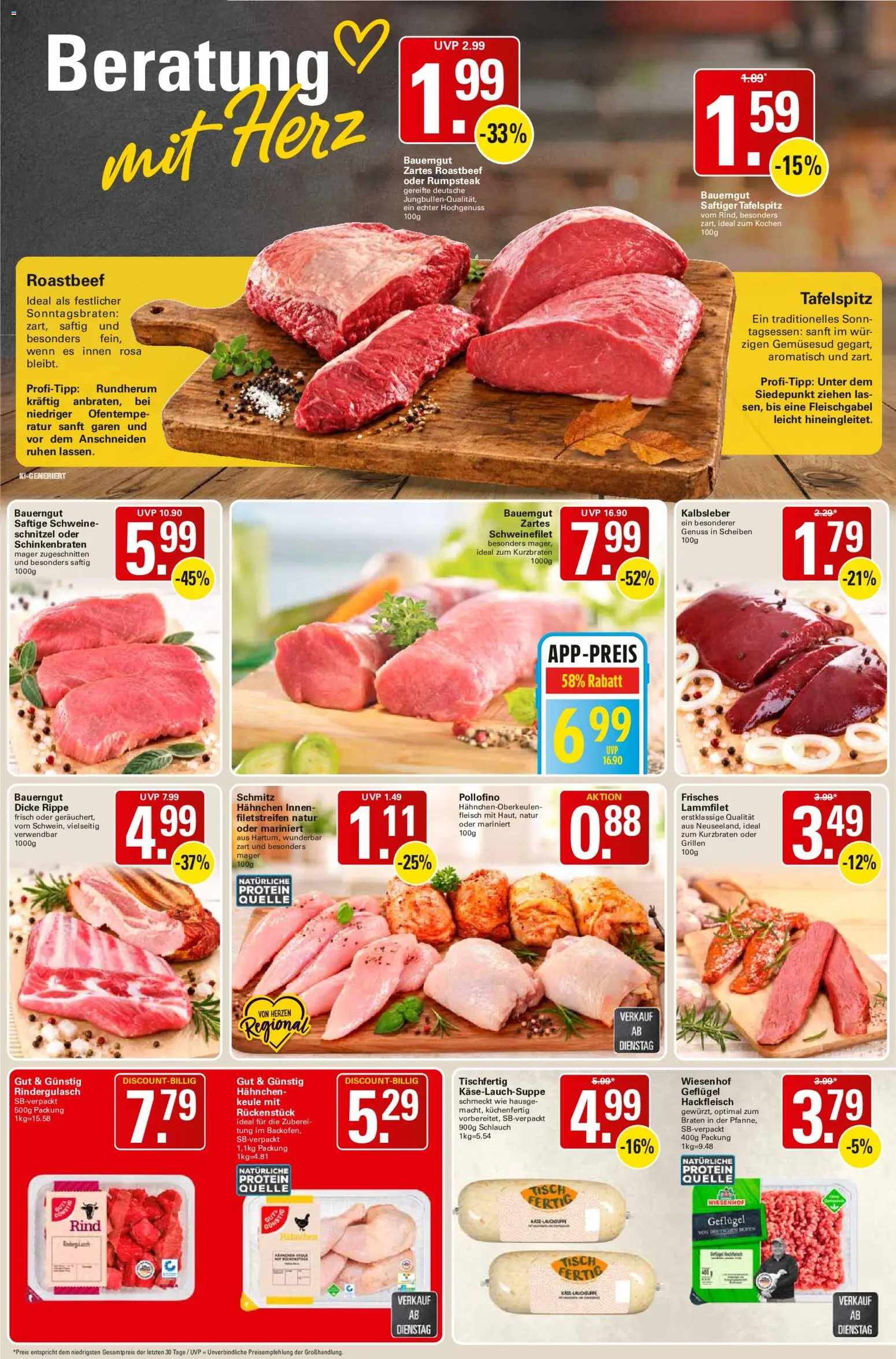 Vorschau von dem Prospekt des Geschäftes WEZ, gültig ab dem 02.11.2026 - Schnitzel, Tafelspitz, Rumpsteak, Fleisch, Hackfleisch, Tisch, Schweinefilet, Kalbsleber