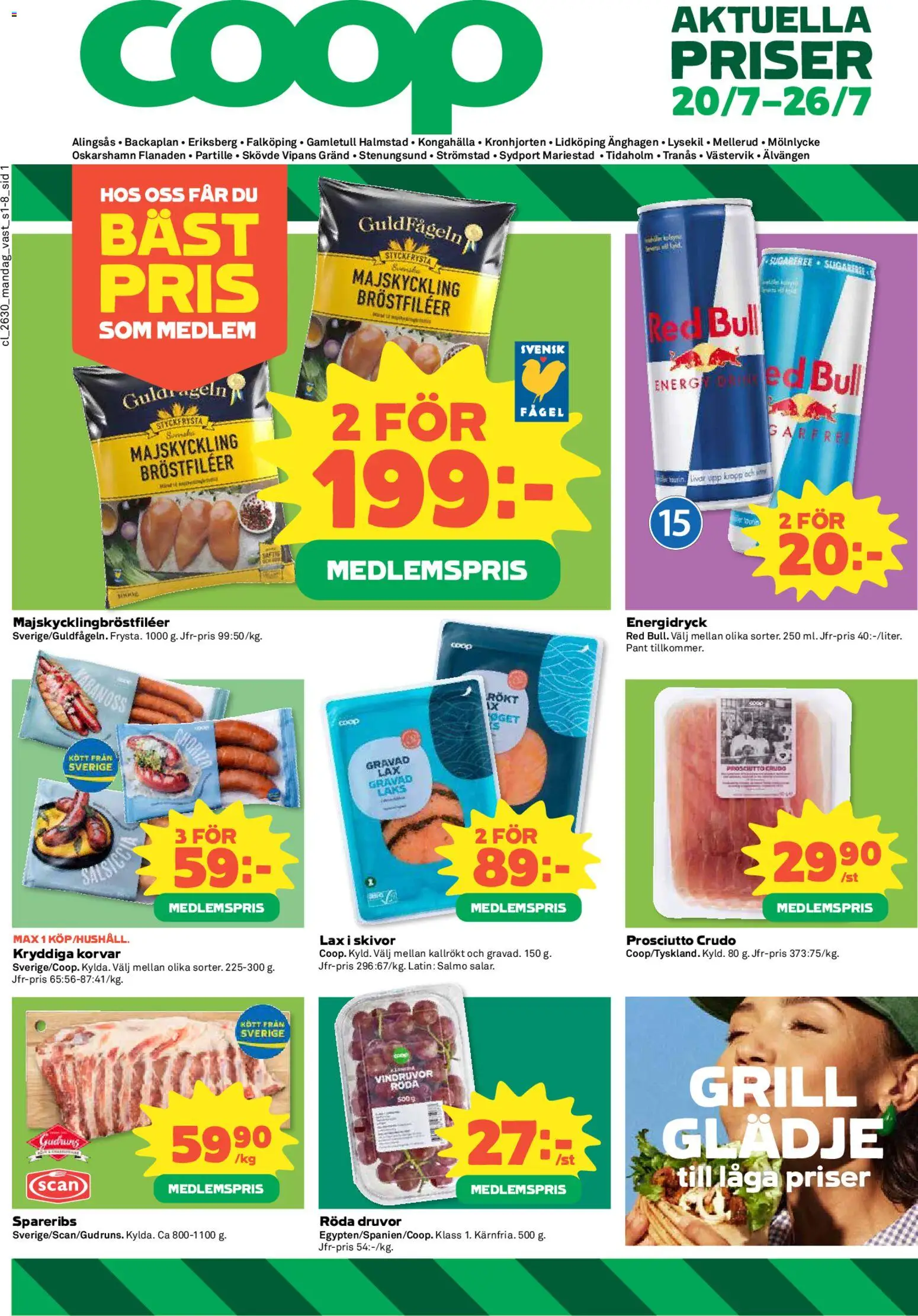 Förhandsgranska reklamblad Coop erbjudanden från butik Coop gäller från 20/07/2026 - Grill, Red bull, Lax, Kött, Energidryck, Prosciutto, Rökt kött