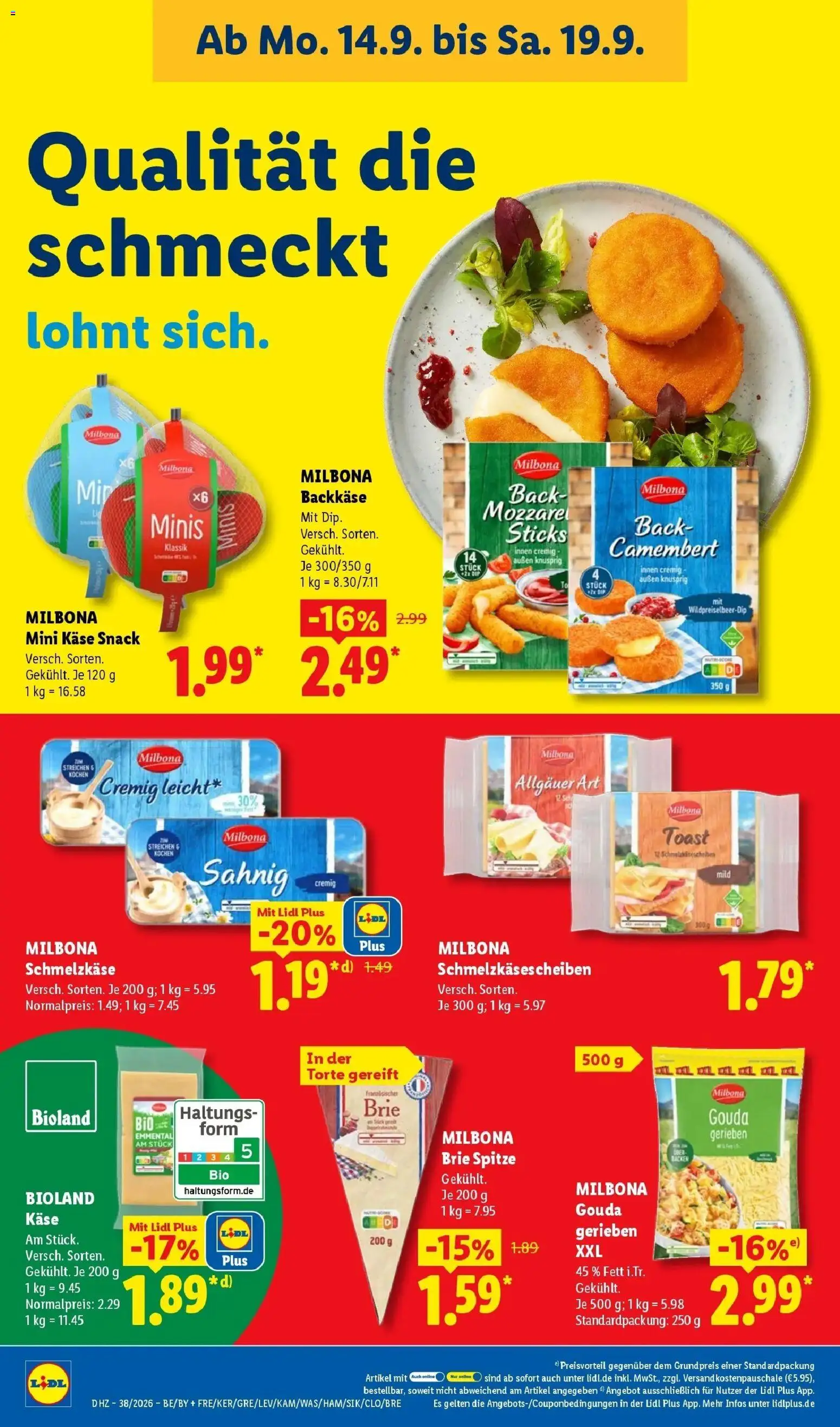 Vorschau von dem Prospekt des Geschäftes Lidl, gültig ab dem 14.09.2026 - Käse, Mozzarella, Camembert, Toast, Gouda
