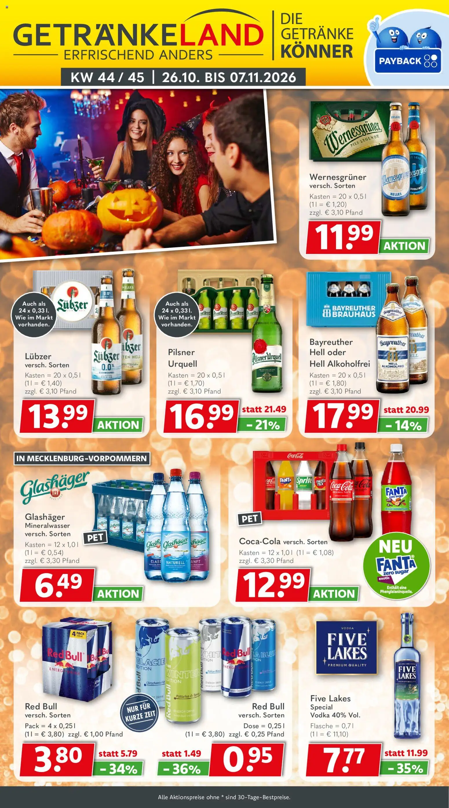 Vorschau von dem Prospekt des Geschäftes Getränkeland, gültig ab dem 26.10.2026 - Red bull, Cola, Vodka, Fanta, Energy, Pils, Lubzer, Wernesgruner