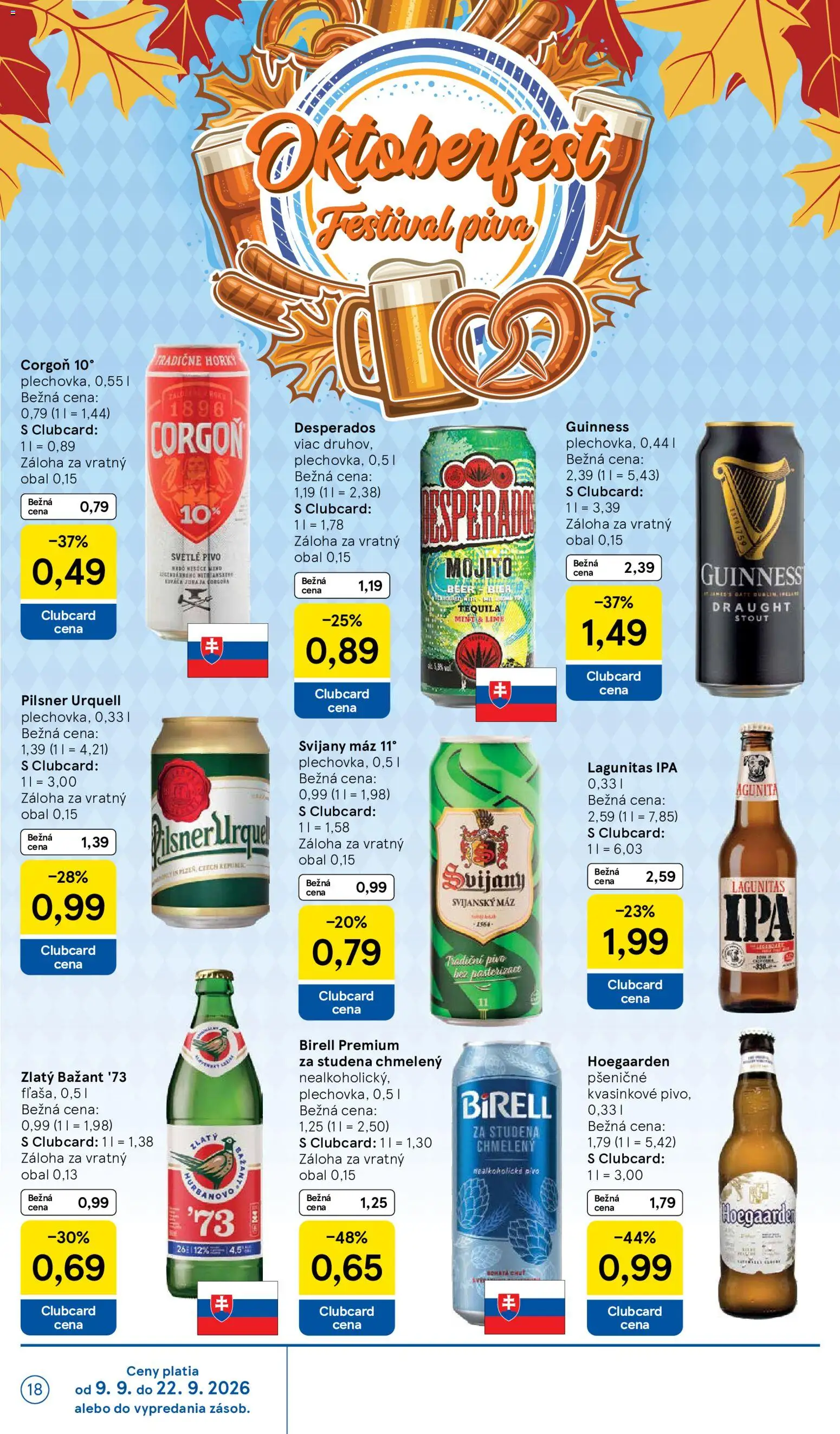 Náhľad Tesco letáku platného od 09.09.2026 - Pivo, Pilsner Urquell, Tequila, Svijany, Birell, Zlatý Bažant, Corgoň, Nealkoholické pivo