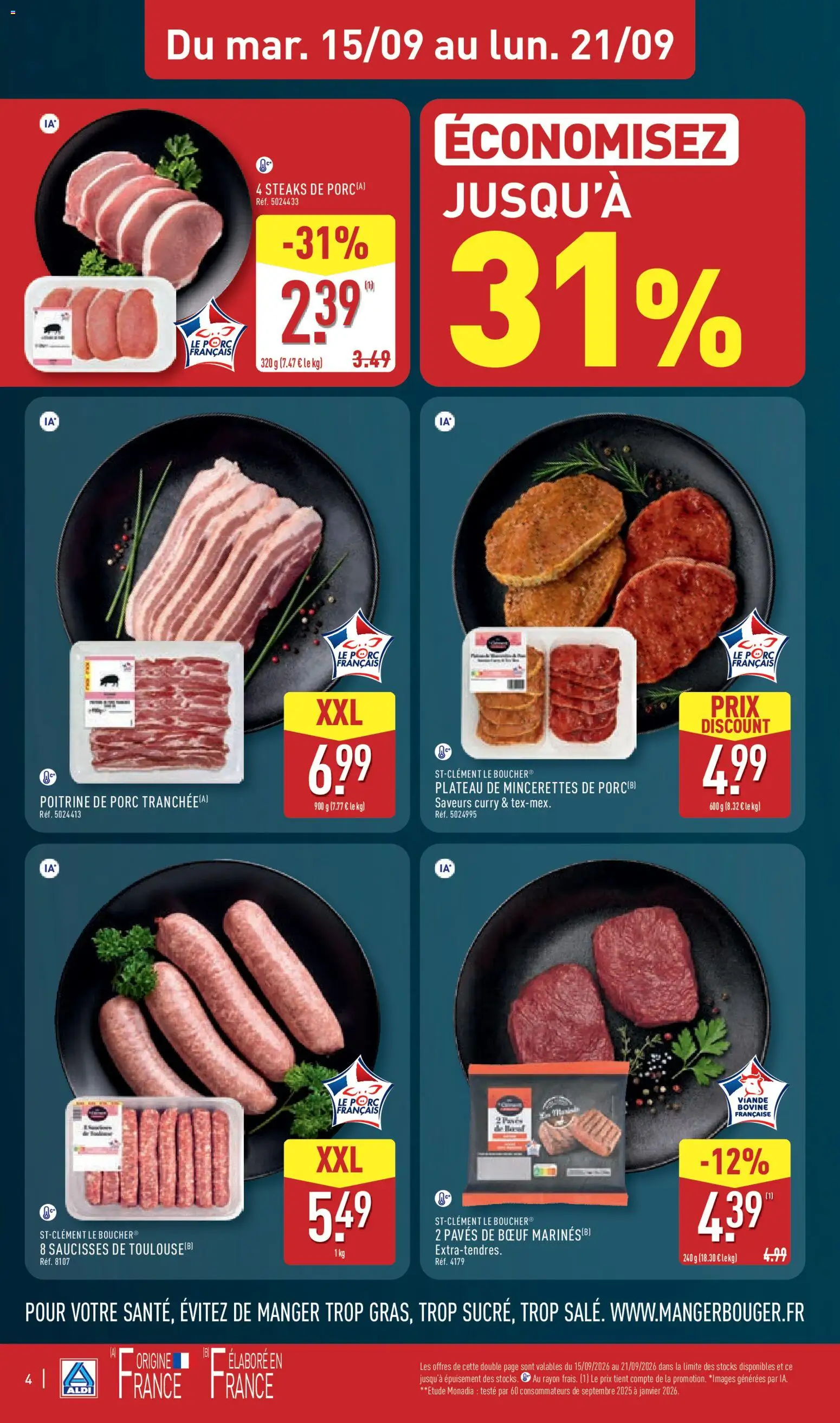 Prévisualisation de Aldi catalogue du magasin Aldi formulaire valide 15/09/2026 - Curry, Saucisses, Viande, Plateau, Porc, Poitrine de porc, Viande bovine