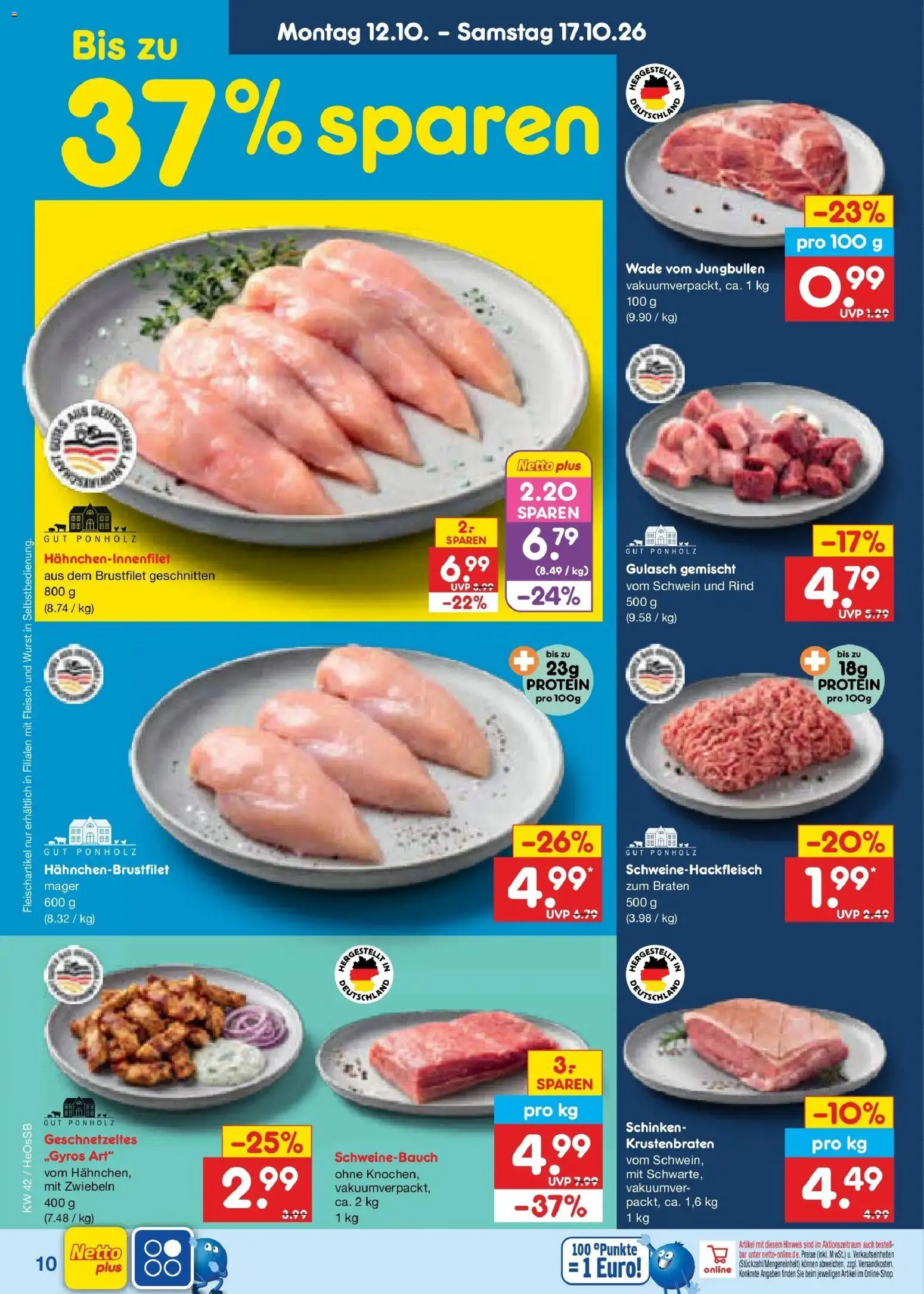 Vorschau von dem Prospekt des Geschäftes Netto Marken-Discount, gültig ab dem 12.10.2026 - Wurst, Gulasch, Fleisch, Krustenbraten, Schinken, Schweinebauch, Zwiebeln