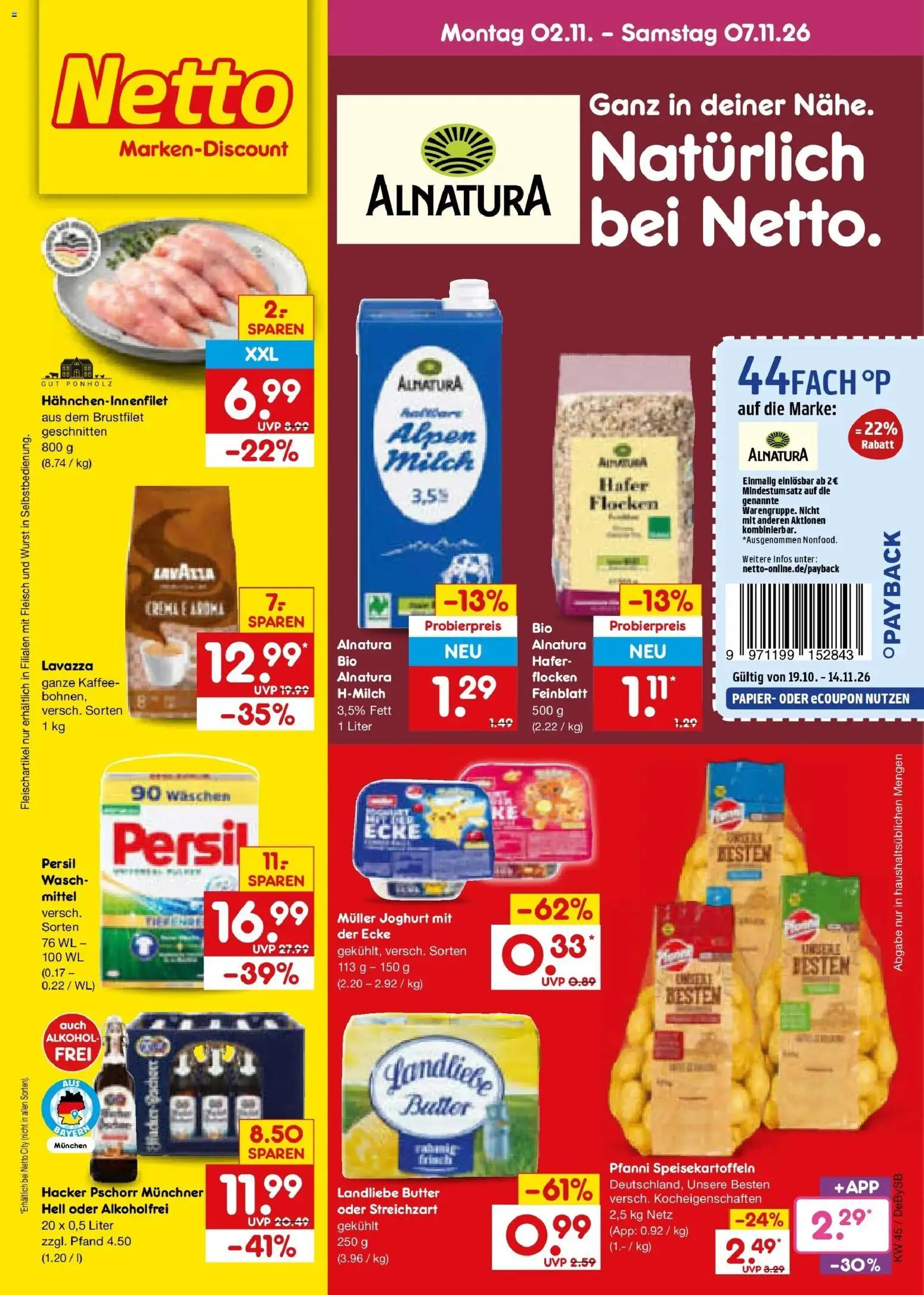 Vorschau von dem Prospekt des Geschäftes Netto Marken-Discount, gültig ab dem 02.11.2026 - Kaffee, Butter, Joghurt, Alkohol, Lavazza, Persil, Flocken, Landliebe butter
