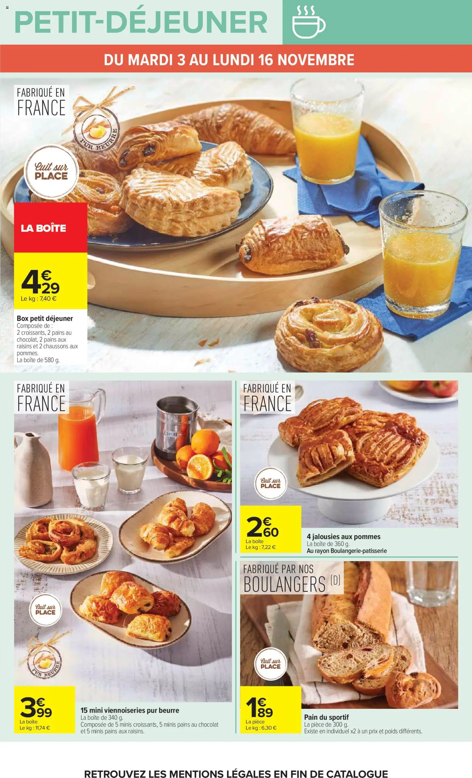 Prévisualisation de Carrefour Petit déjeuner du magasin Carrefour formulaire valide 03/11/2026 - Chocolat, Pain, Chaussons, Beurre, Raisins, Viennoiseries, Poids, Pommes