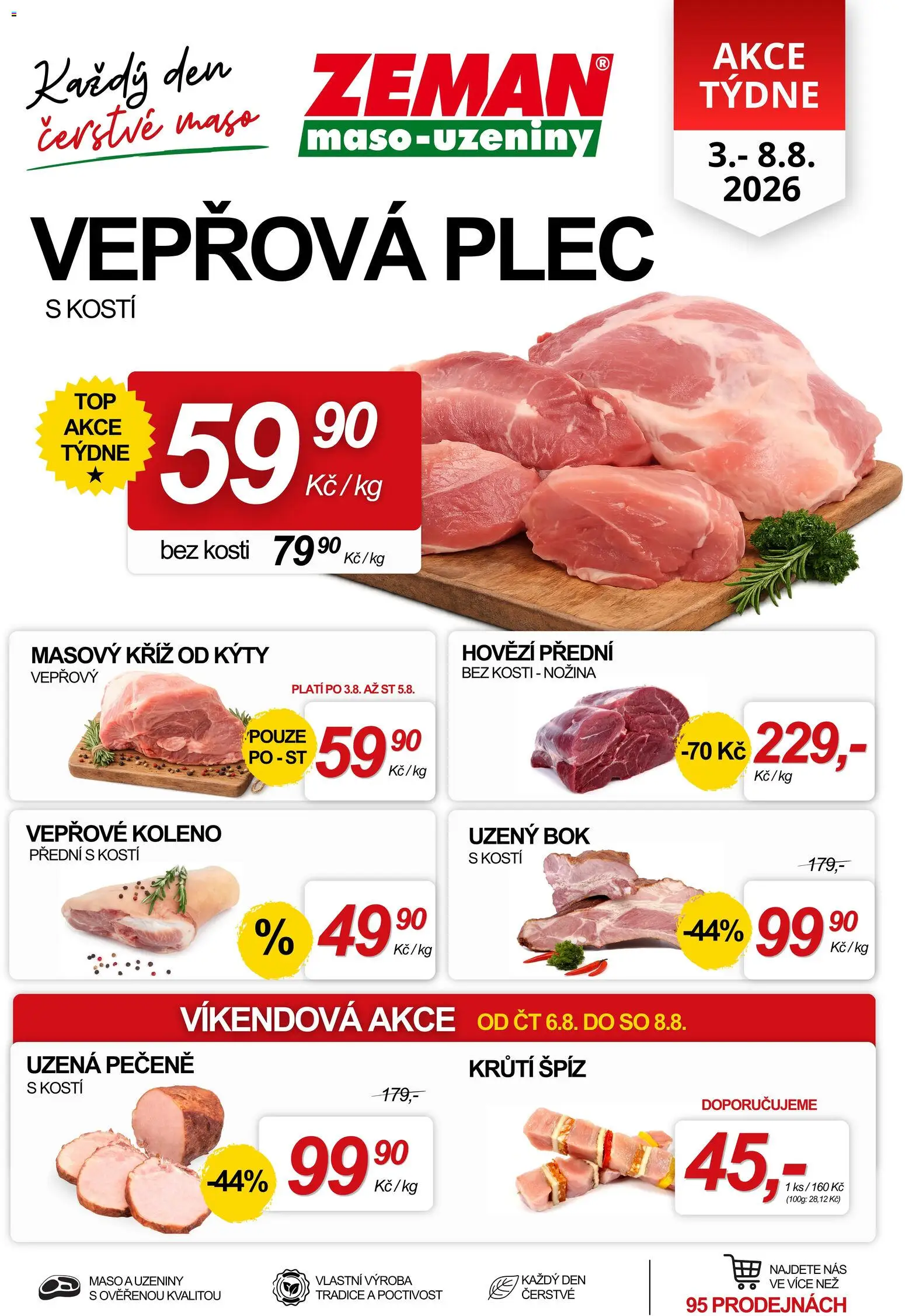Náhled nabídky: Prodejny Zeman Prodejny Zeman leták - Akce týdne platný od 03.08.2026 - Maso, Vepřová plec, Hovězí, Koleno, Vepřové koleno, Uzeniny, Hovězí přední, Špíz