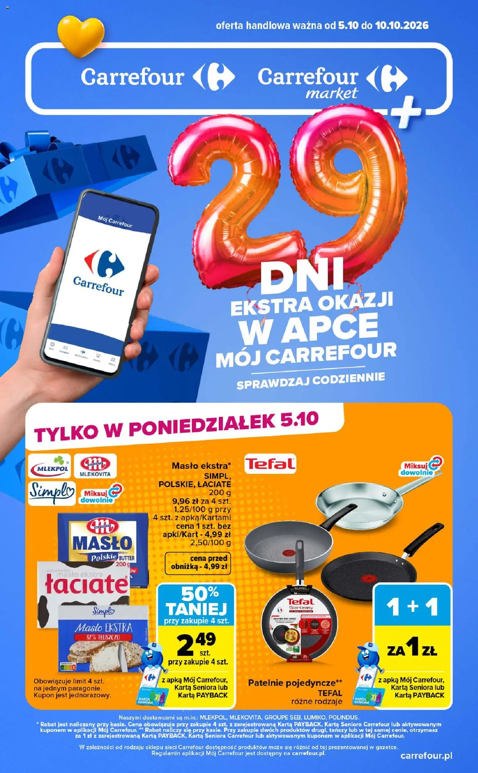 Pogląd gazetki "Carrefour gazetka - Express" ze sklepu Carrefour ważnej od 05.10.2026 - Masło, Patelnie, Tefal, Karta