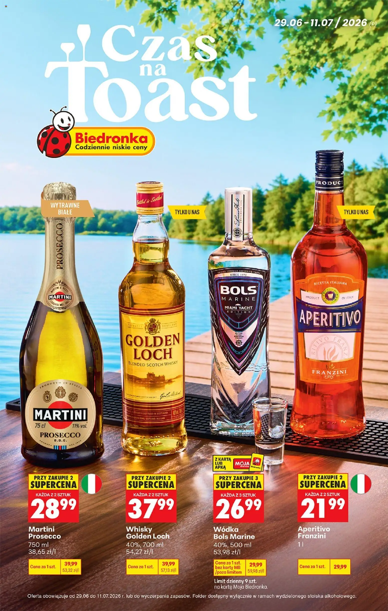 Pogląd gazetki "Biedronka gazetka - Czas na toast" ze sklepu Biedronka ważnej od 29.06.2026 - Whisky, Martini, Wódka, Martini prosecco, Wódka bols, Scotch whisky, Whisky golden loch, Aperitivo franzini