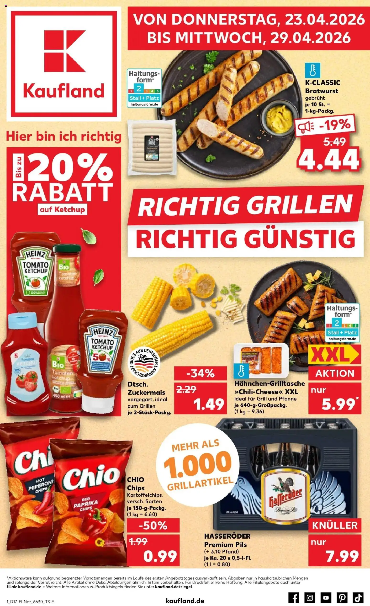 Vorschau von dem Prospekt des Geschäftes Kaufland, gültig ab dem 23.04.2026 - Chips, Grill, Bratwurst, Paprika, Tomaten, Ketchup, Hasseröder, Pils