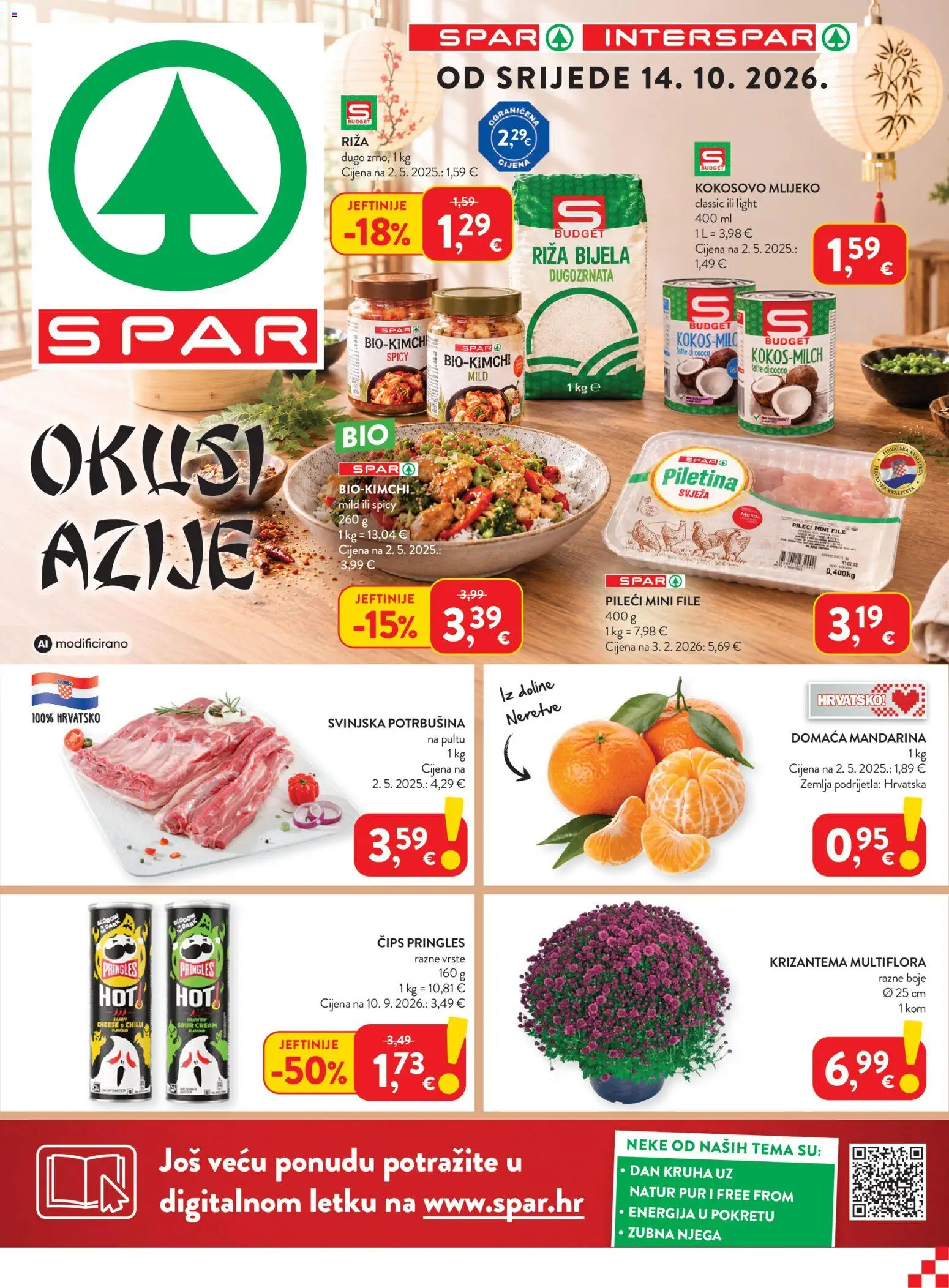 Pregled letka Spar Katalog trgovine Spar vrijedi od 14.10.2026 - Zemlja, Mlijeko, Piletina, Mandarina, Pringles, Riža, Kokosovo mlijeko, File